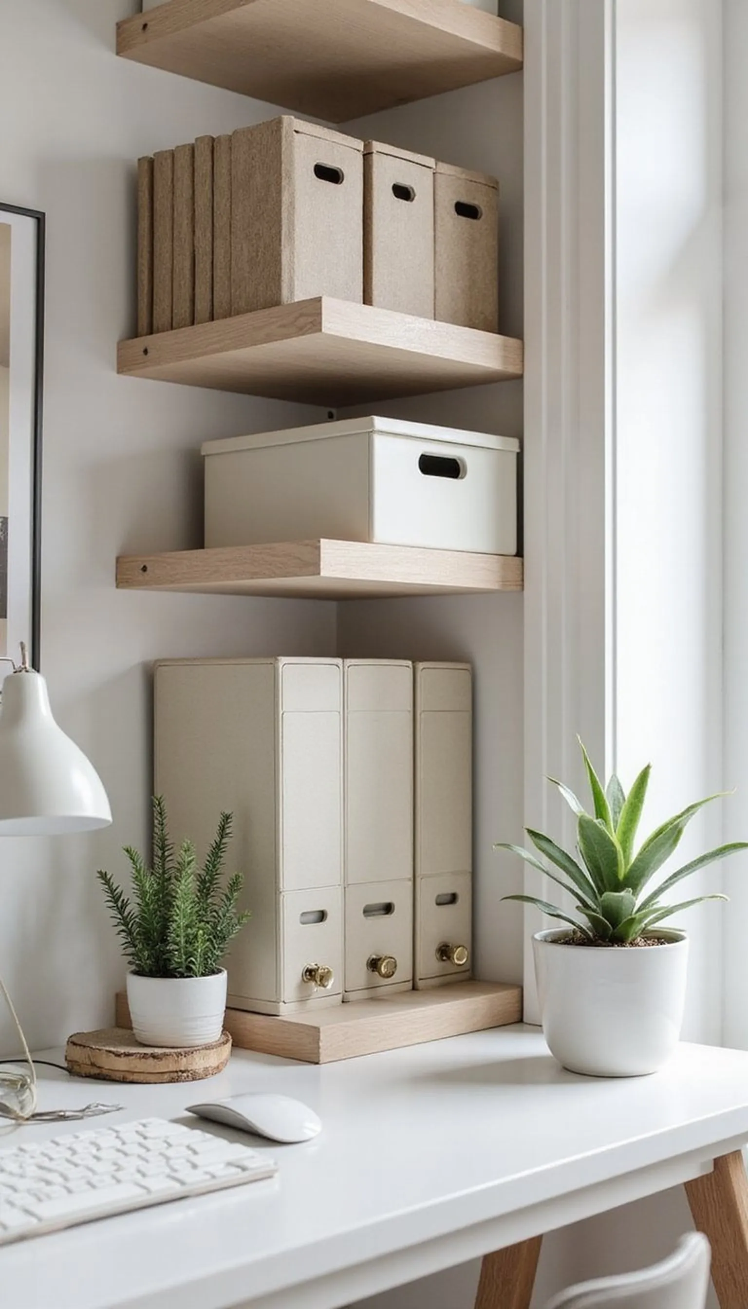 Office shelf styling that balances work and warmth