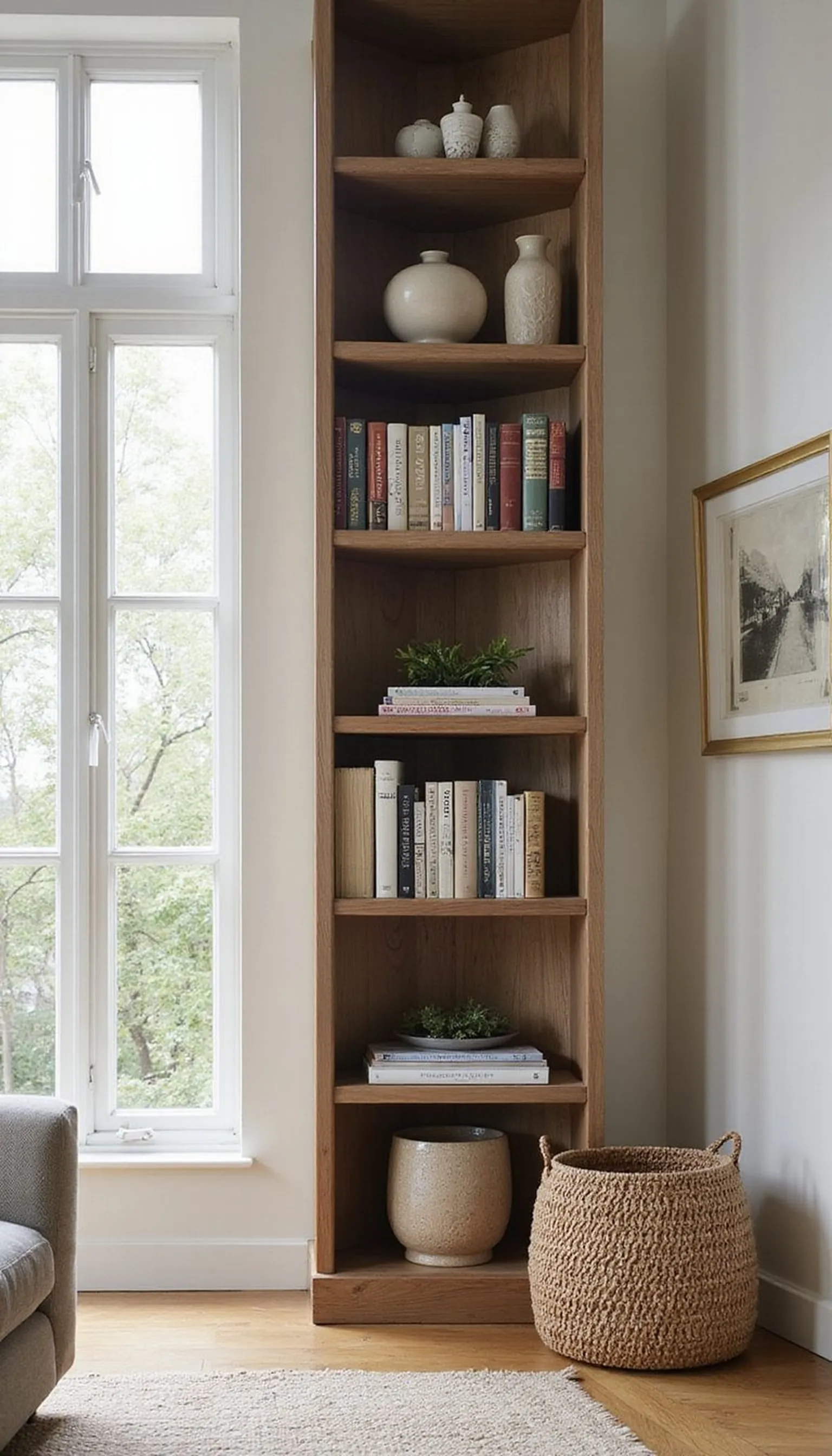 Vertical styling trick for tall shelves and high ceilings
