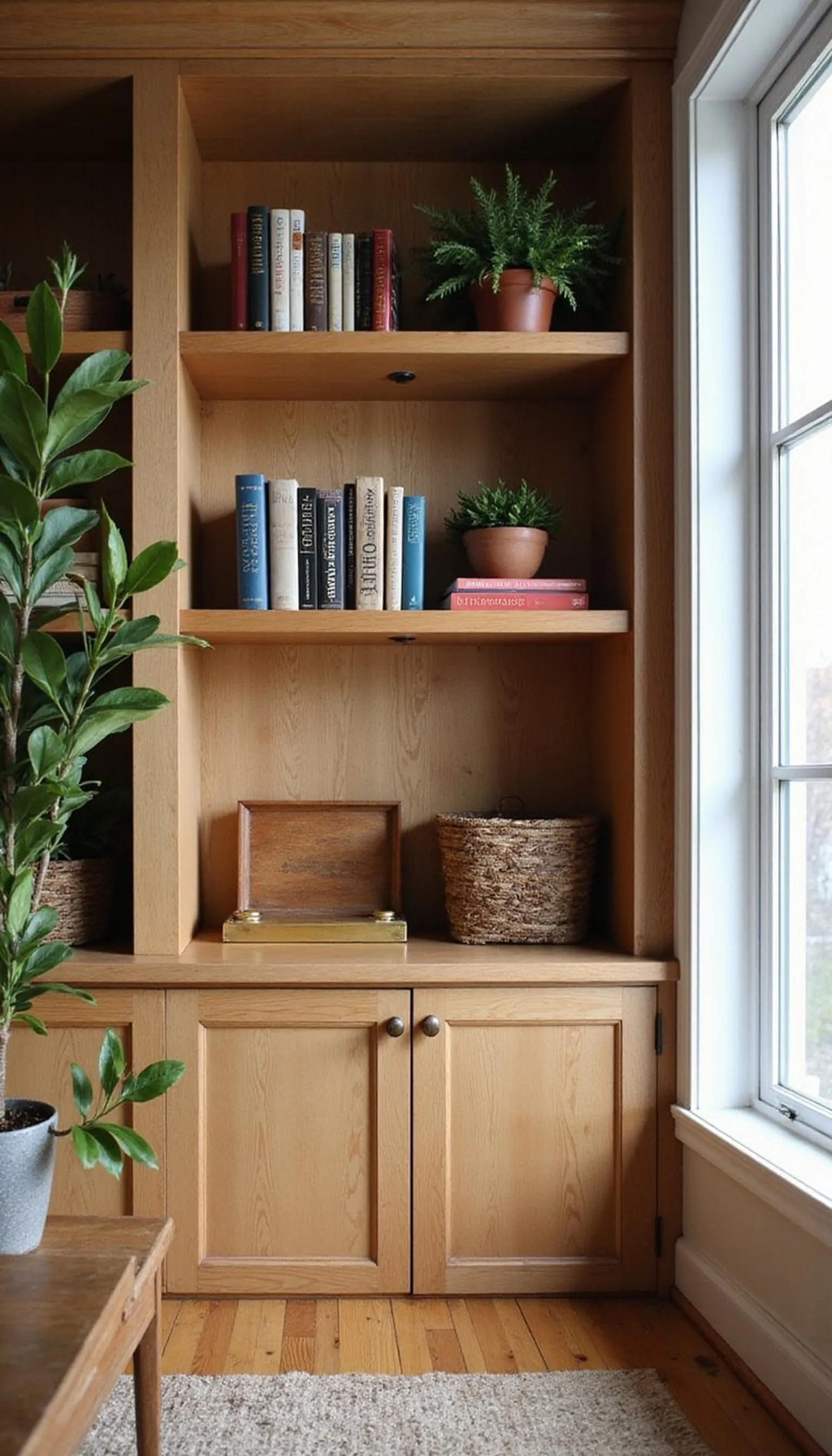 Warm wood built-in styling with plants and brass accents