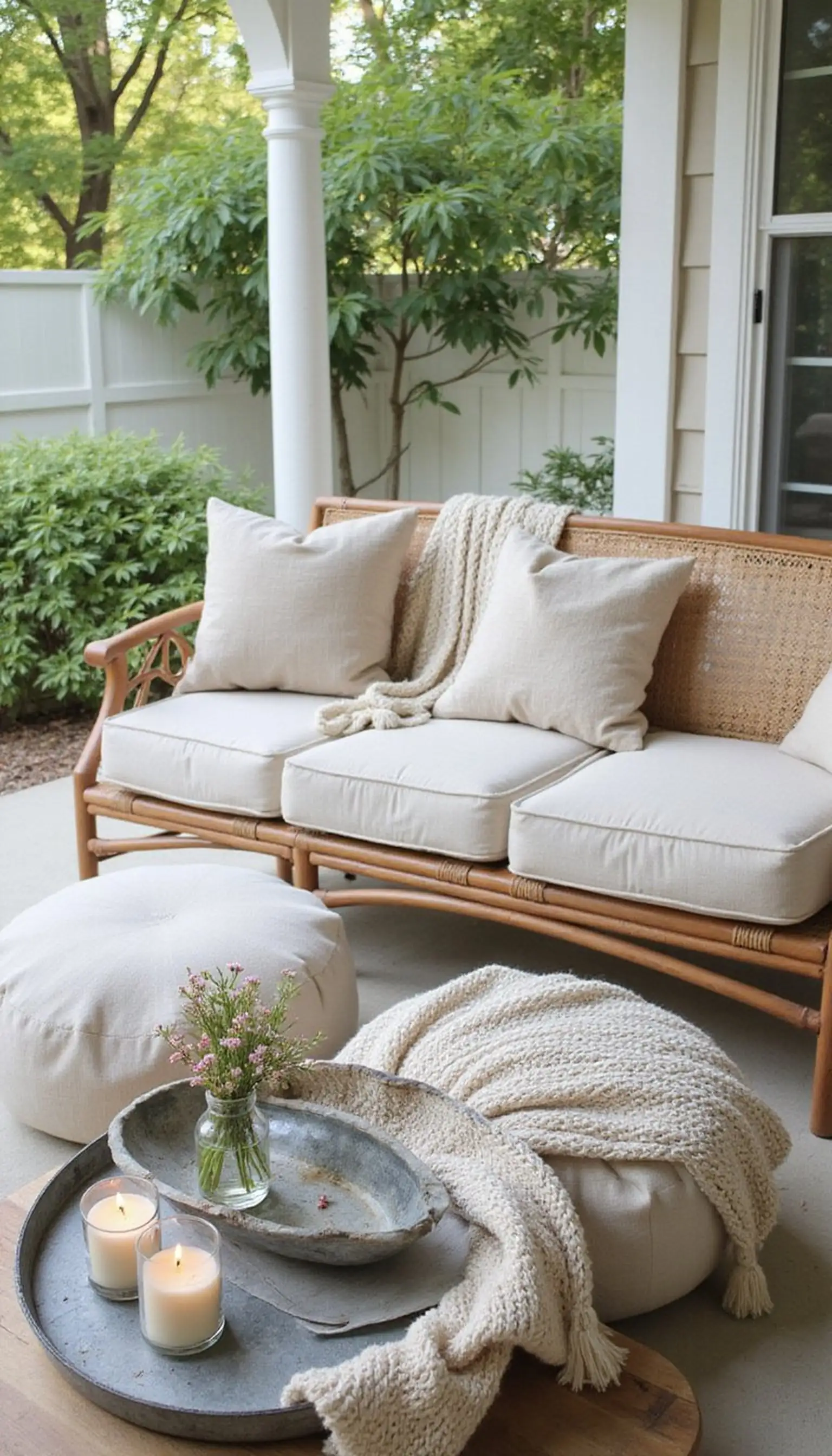 Cozy lounge nook with poufs and throws