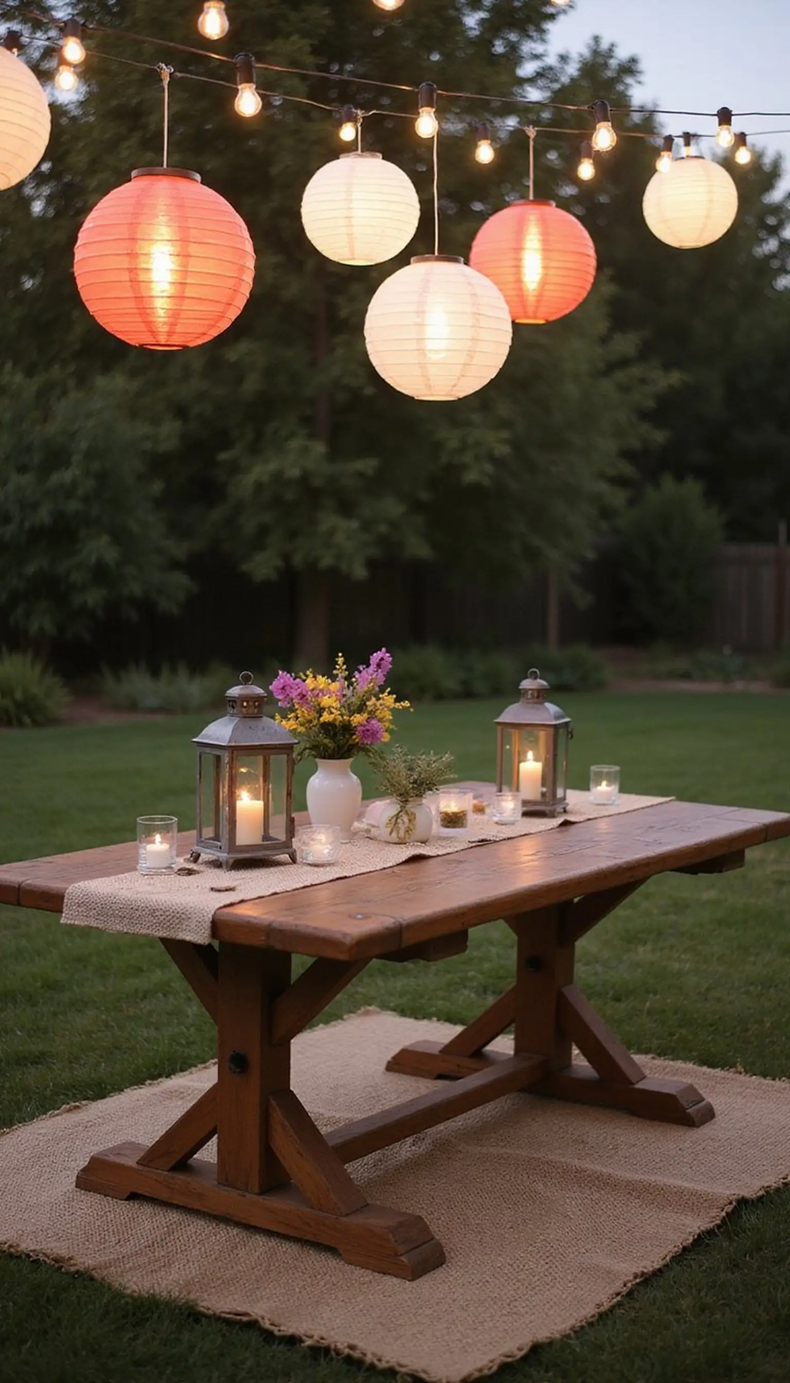 Glowing string lights and paper lanterns combo