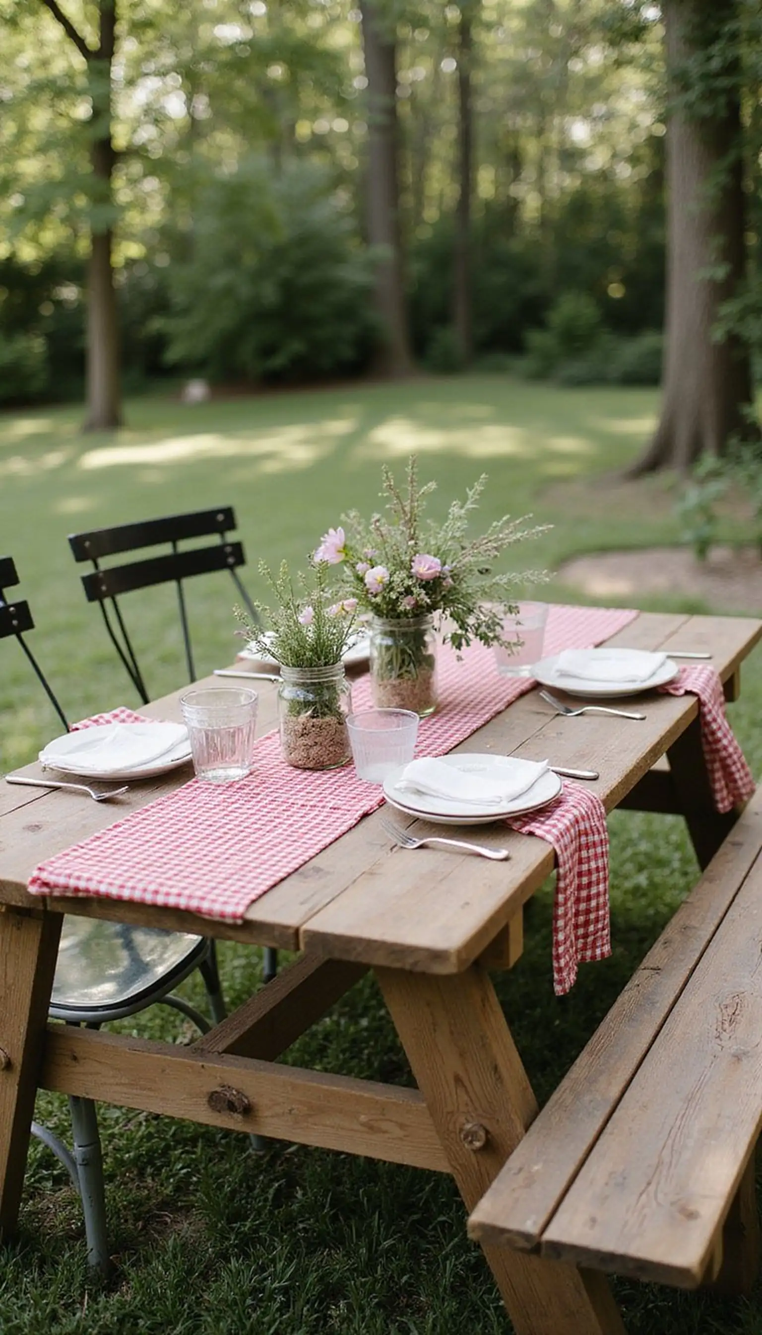 Long picnic table with gingham runners