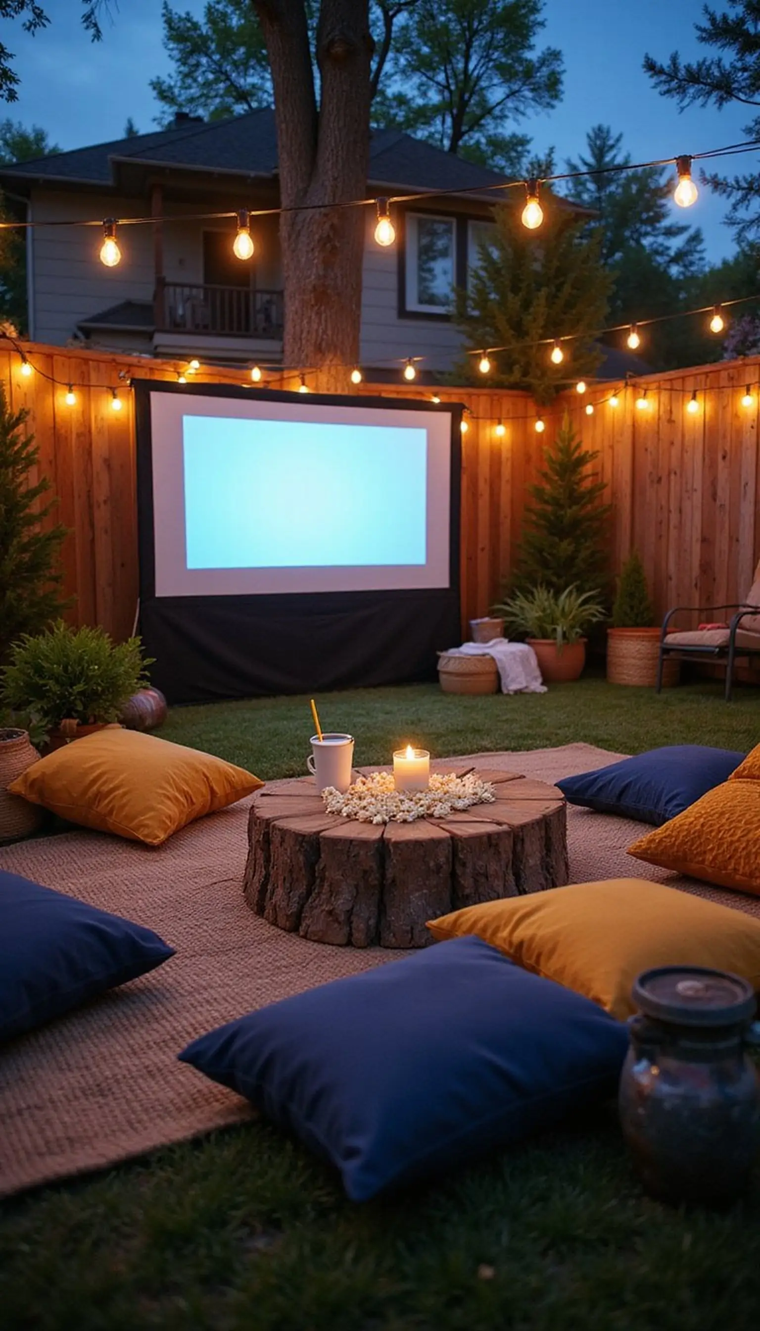 Outdoor movie night with cozy blankets