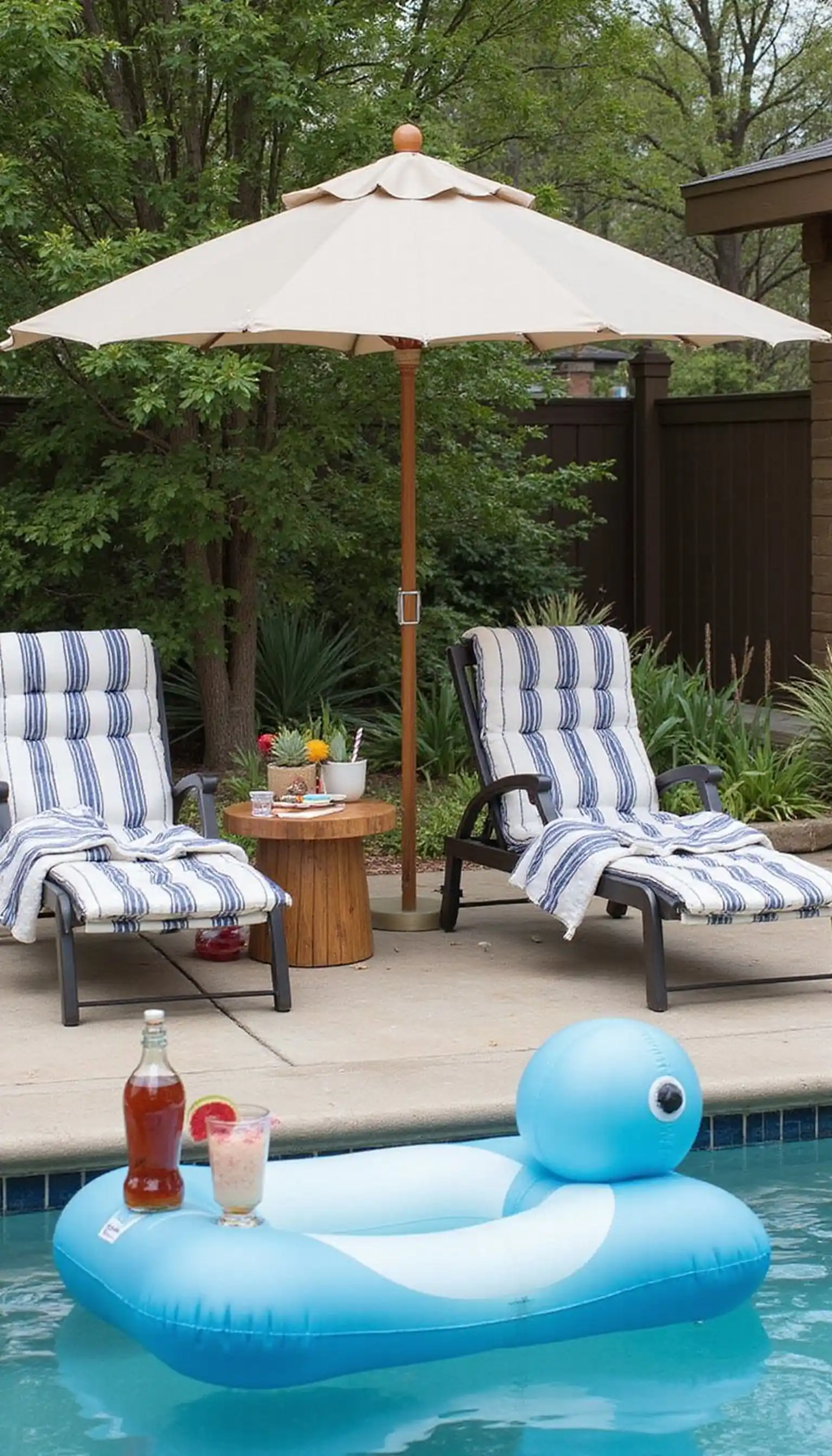 Poolside setup with loungers and float trays