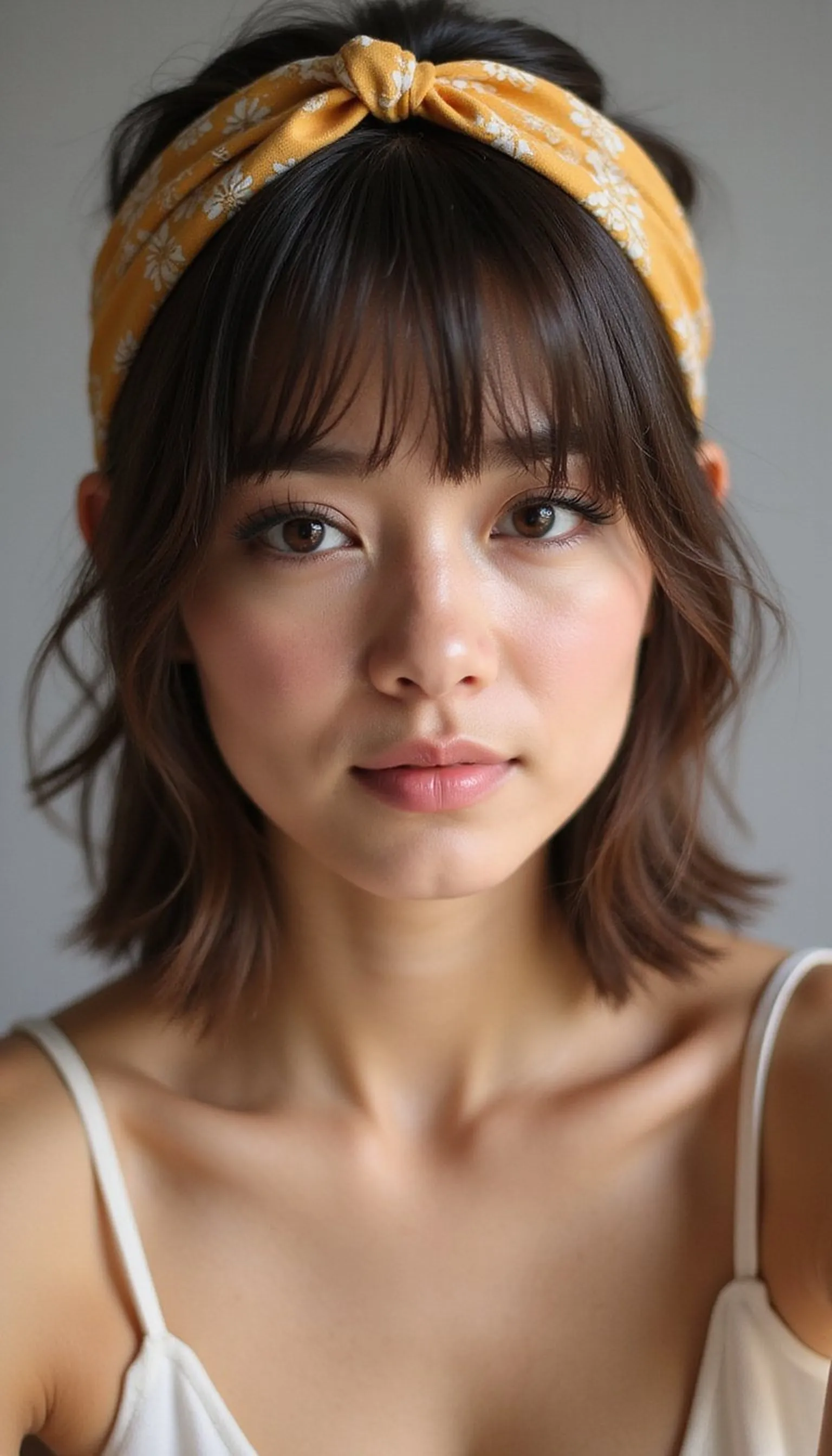 Soft Curtain Bangs Styled With Fabric Headband