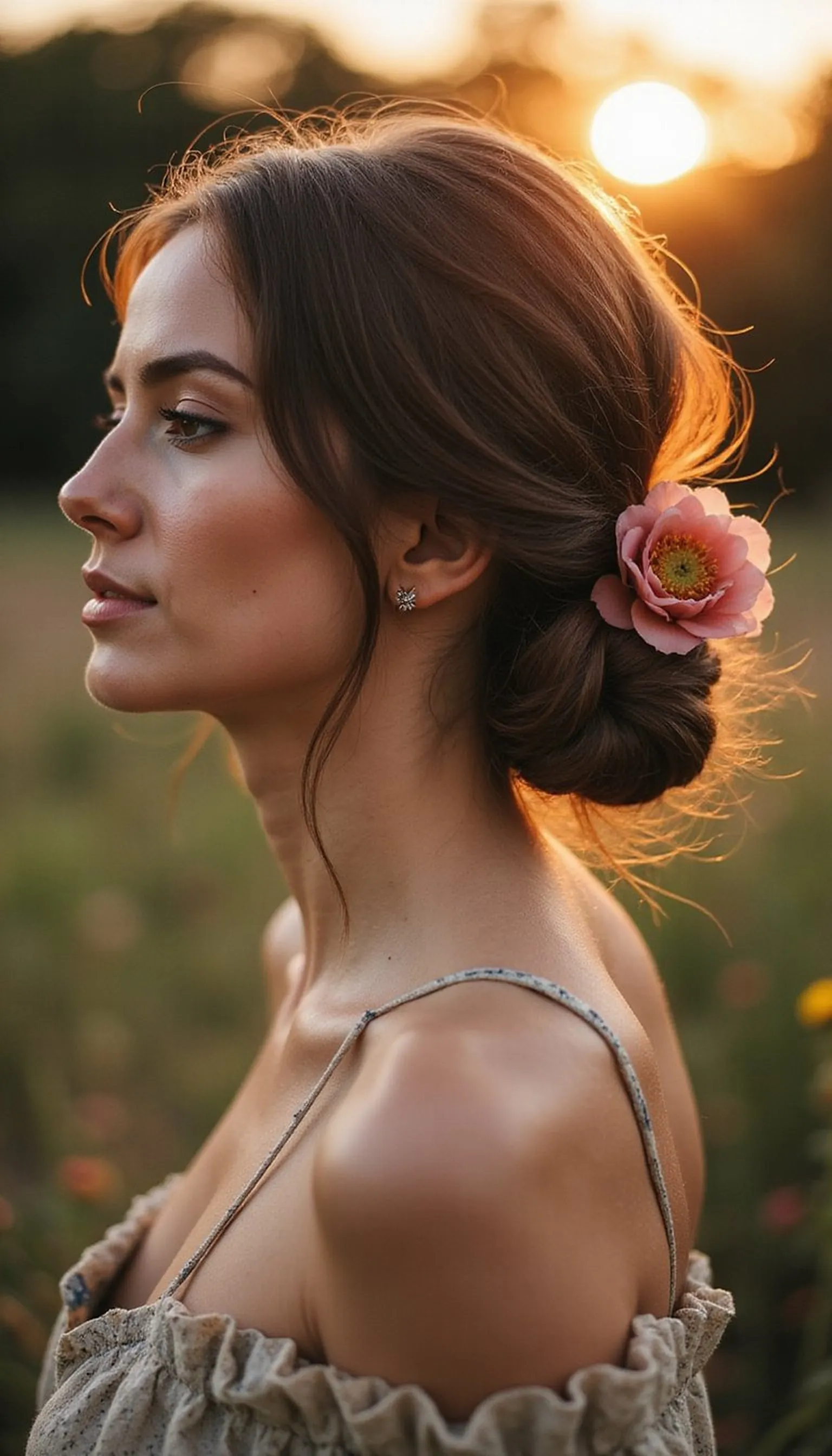 Twisted Low Bun Embellished With A Fresh Flower