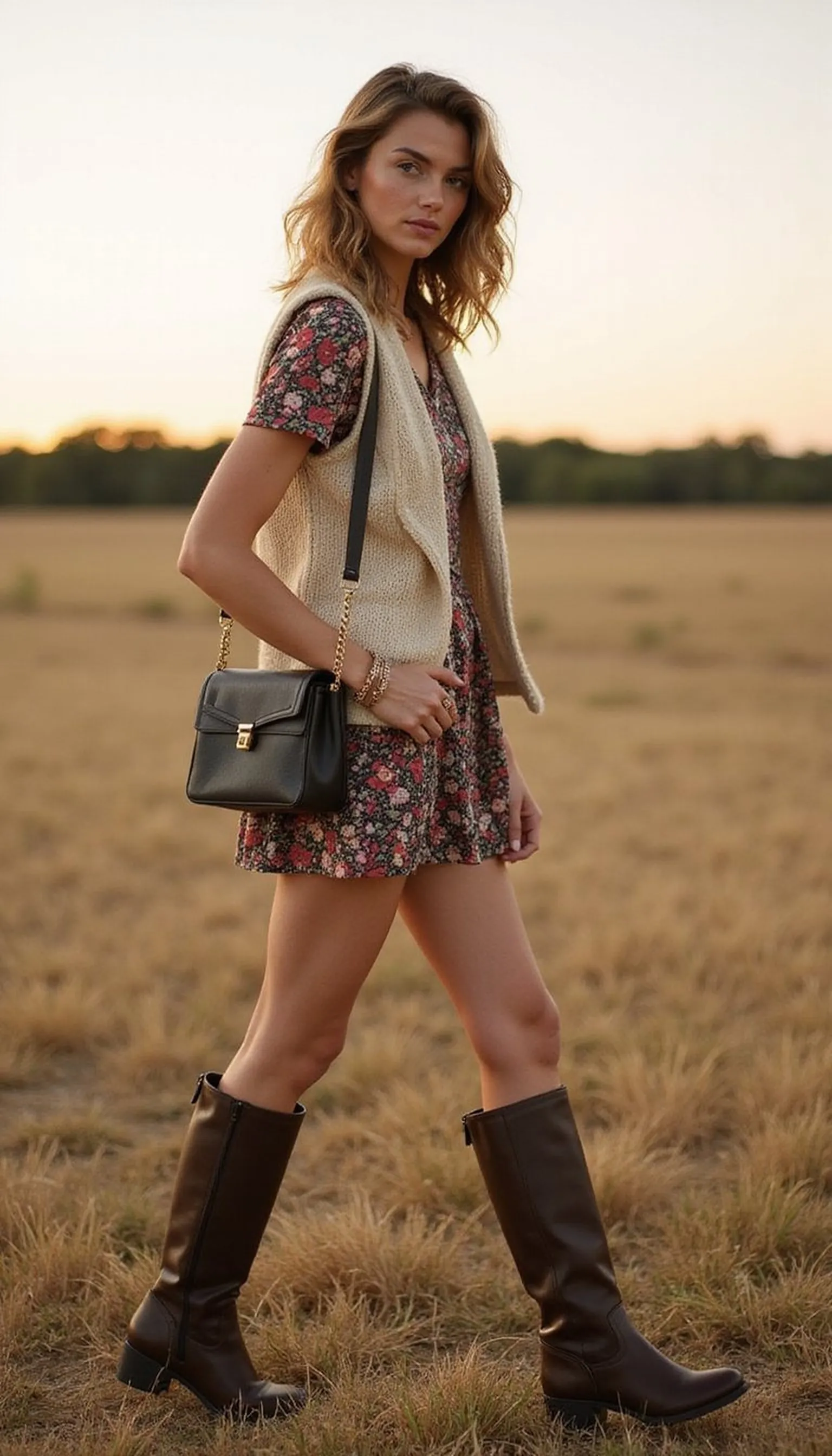 Layered Knit Vest Over Floral Mini Dress