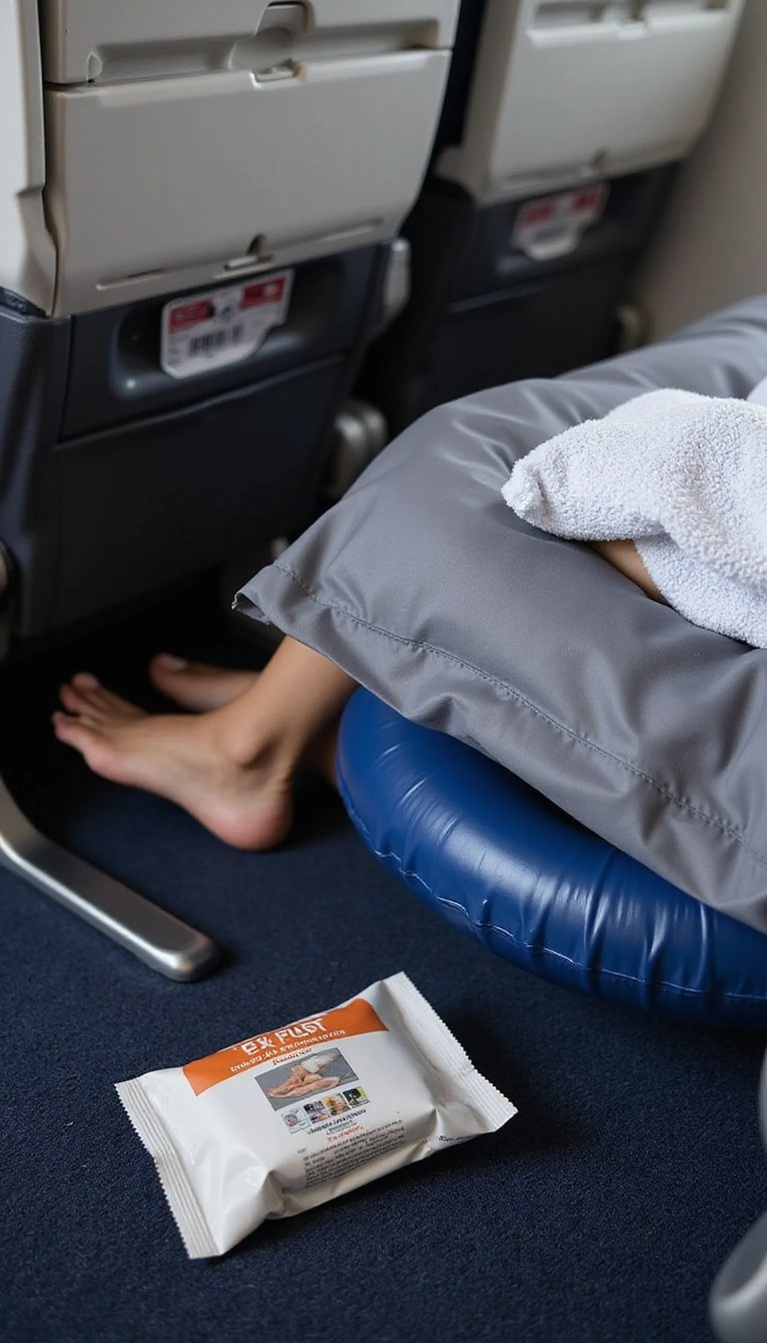 Inflatable footrest for mid-flight leg comfort