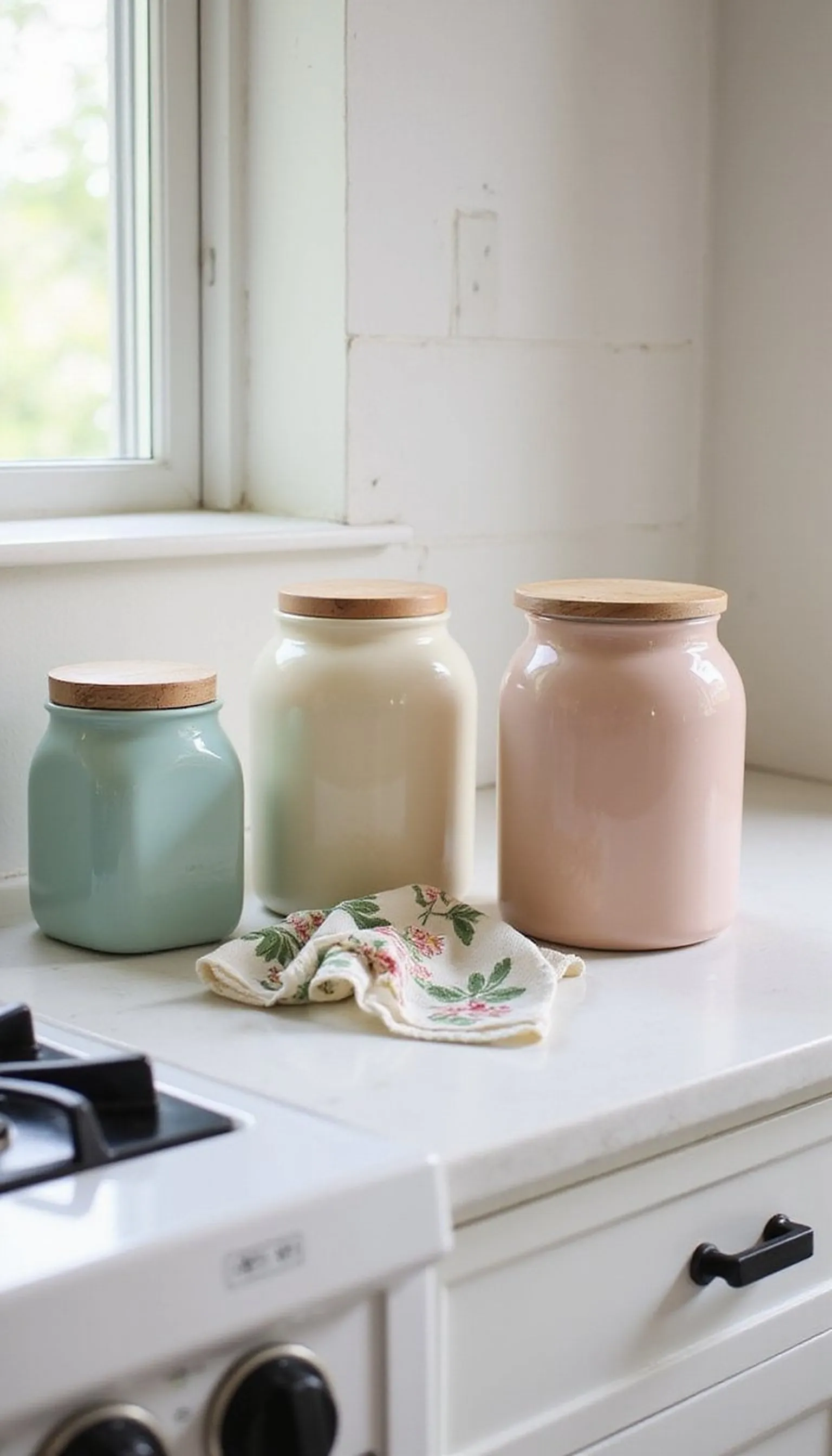 Bright ceramic canisters with pastel accents