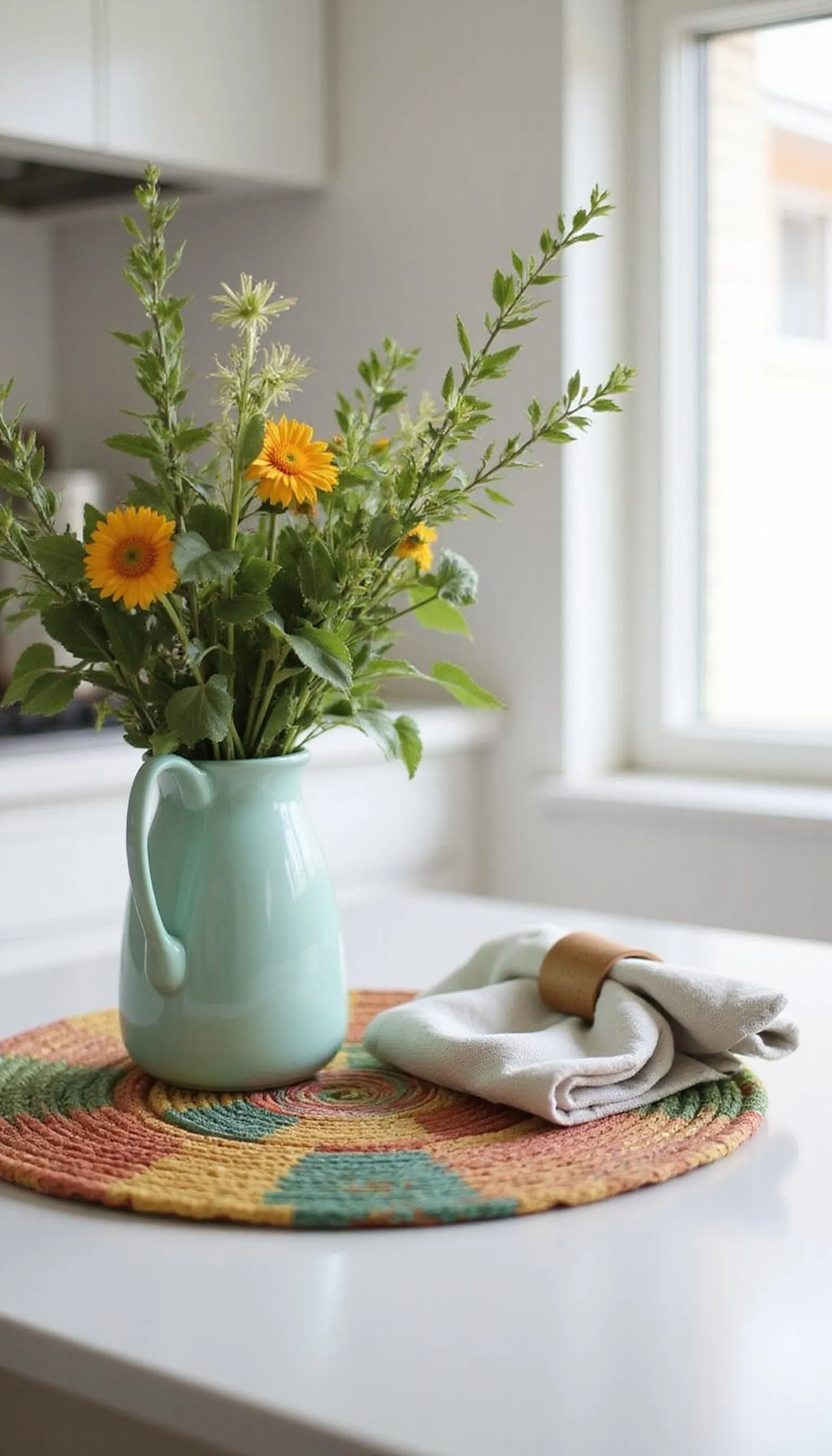 Bright placemat with a single ceramic pitcher