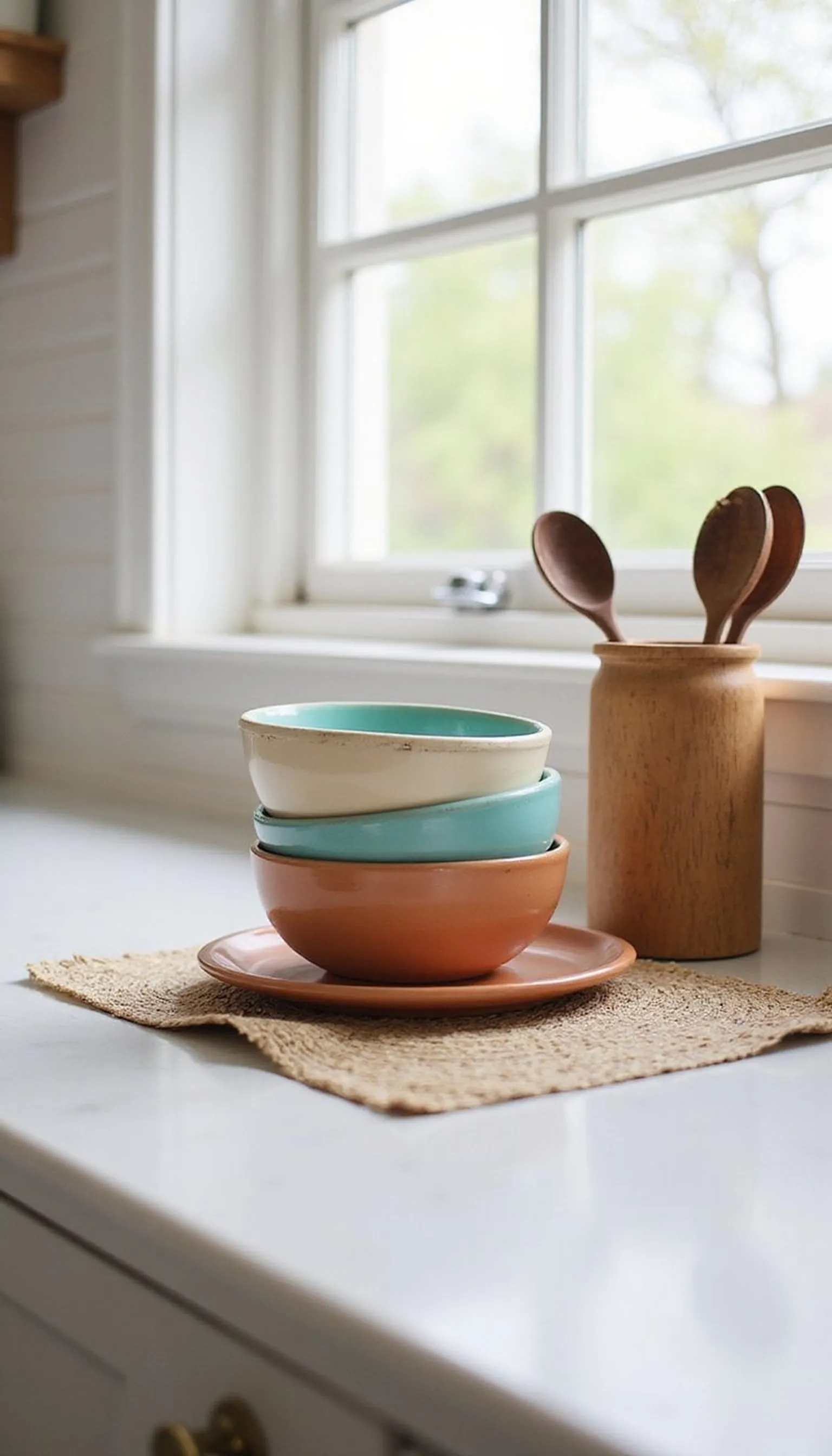 Colorful pottery bowls stacked for summer mornings