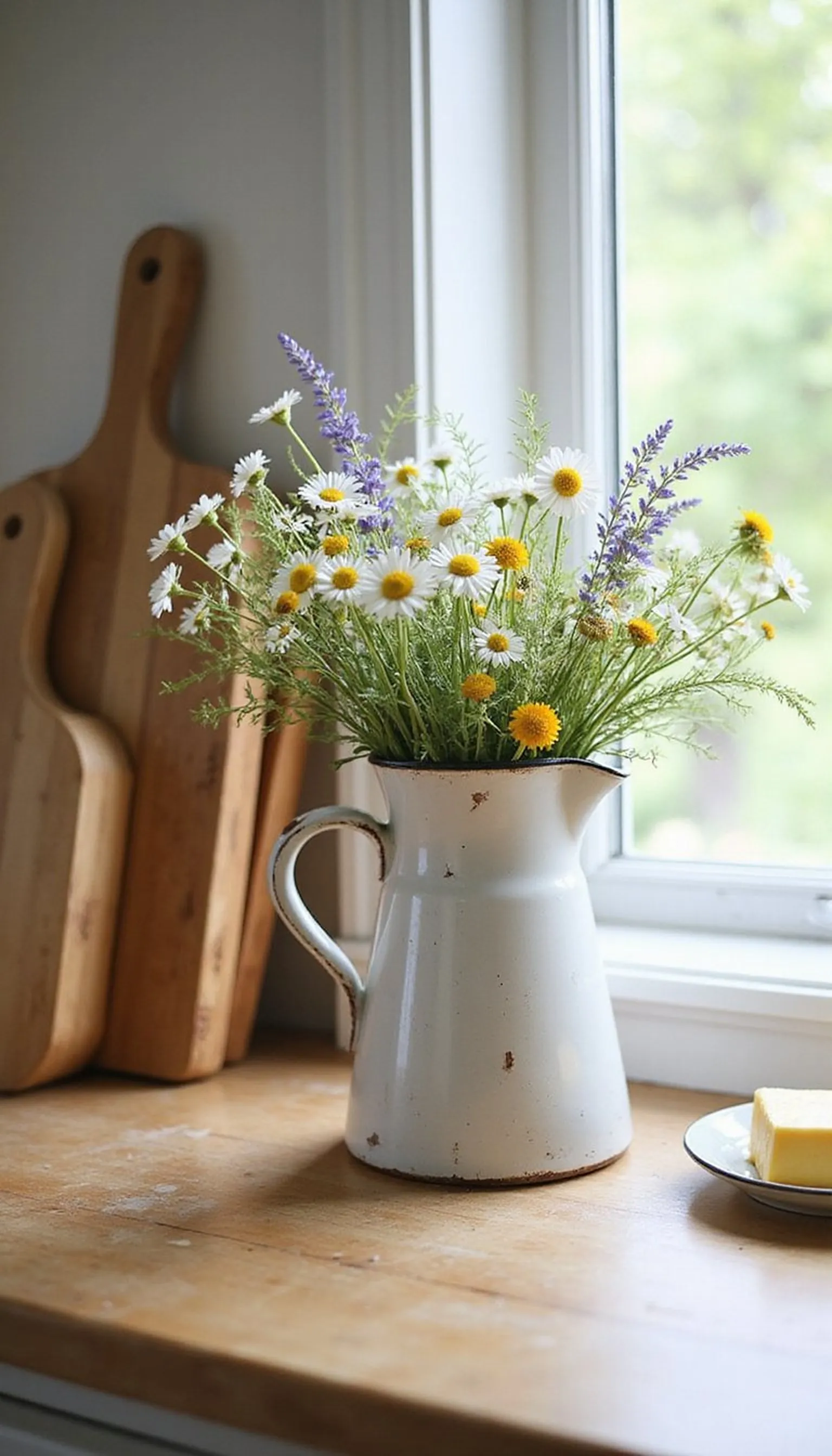 Fresh flowers in a vintage pitcher: summer charm