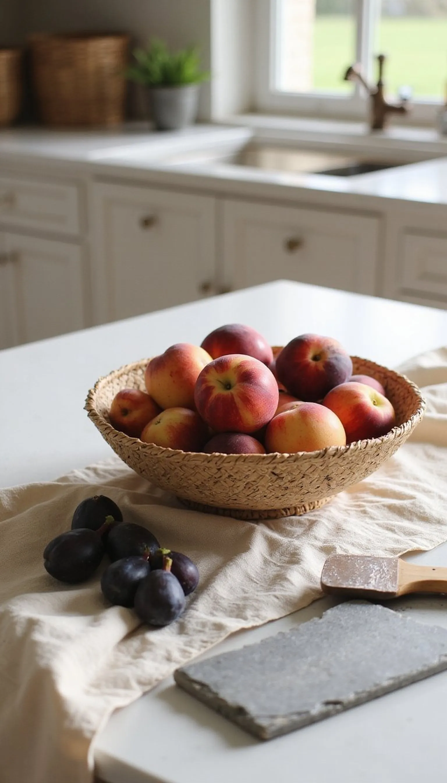 Fresh fruit bowl layered with linen and greens