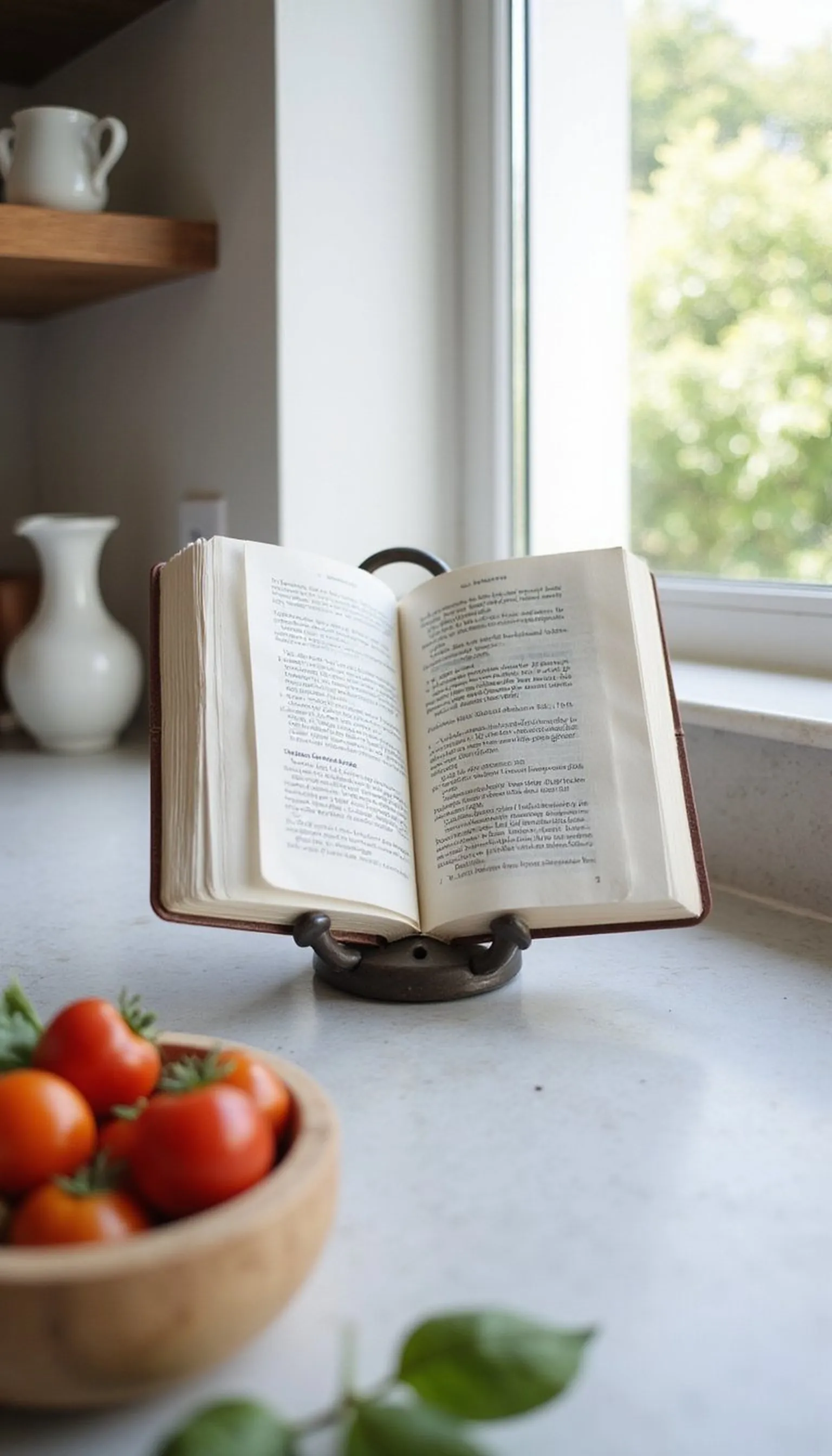 Open cookbook stand with seasonal pages turned