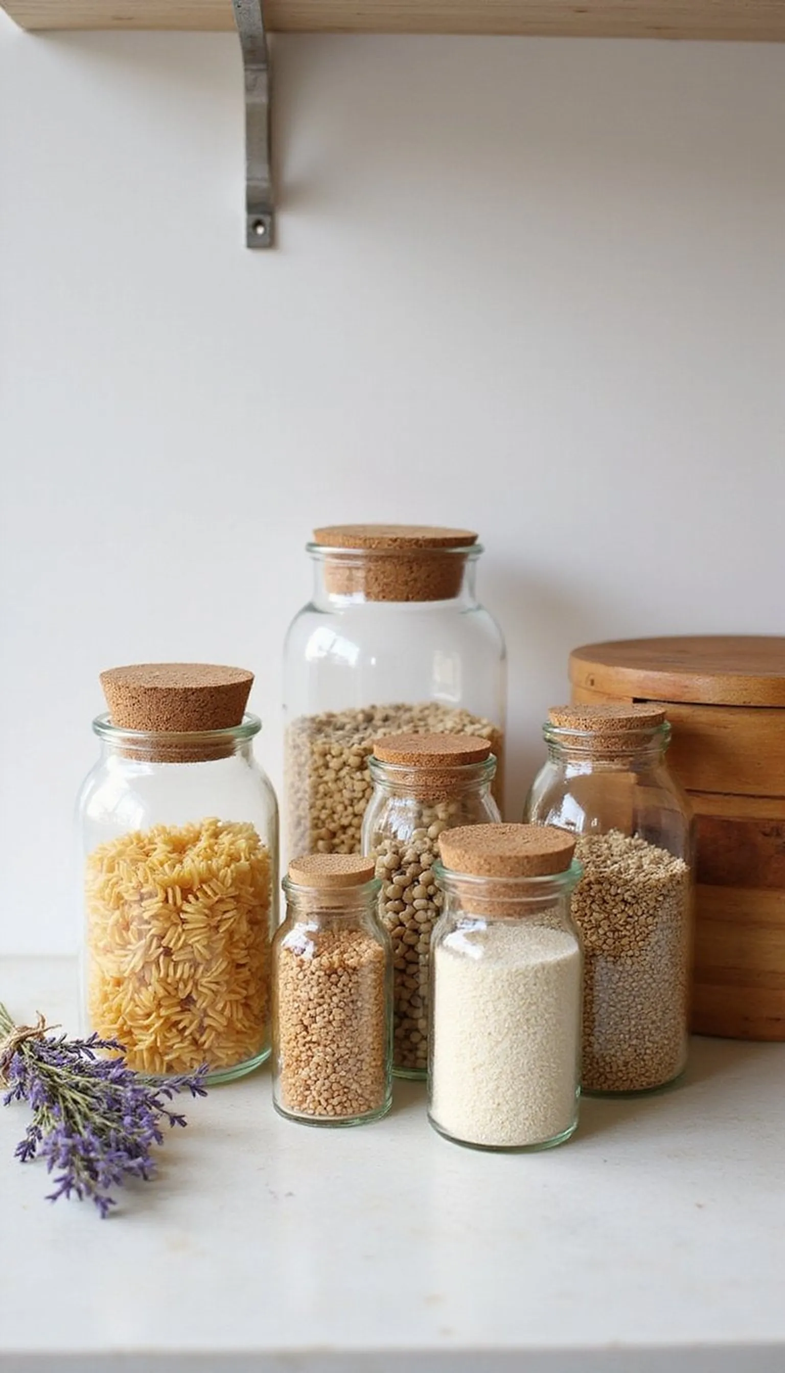 Open jar pantry display with labeled glass jars