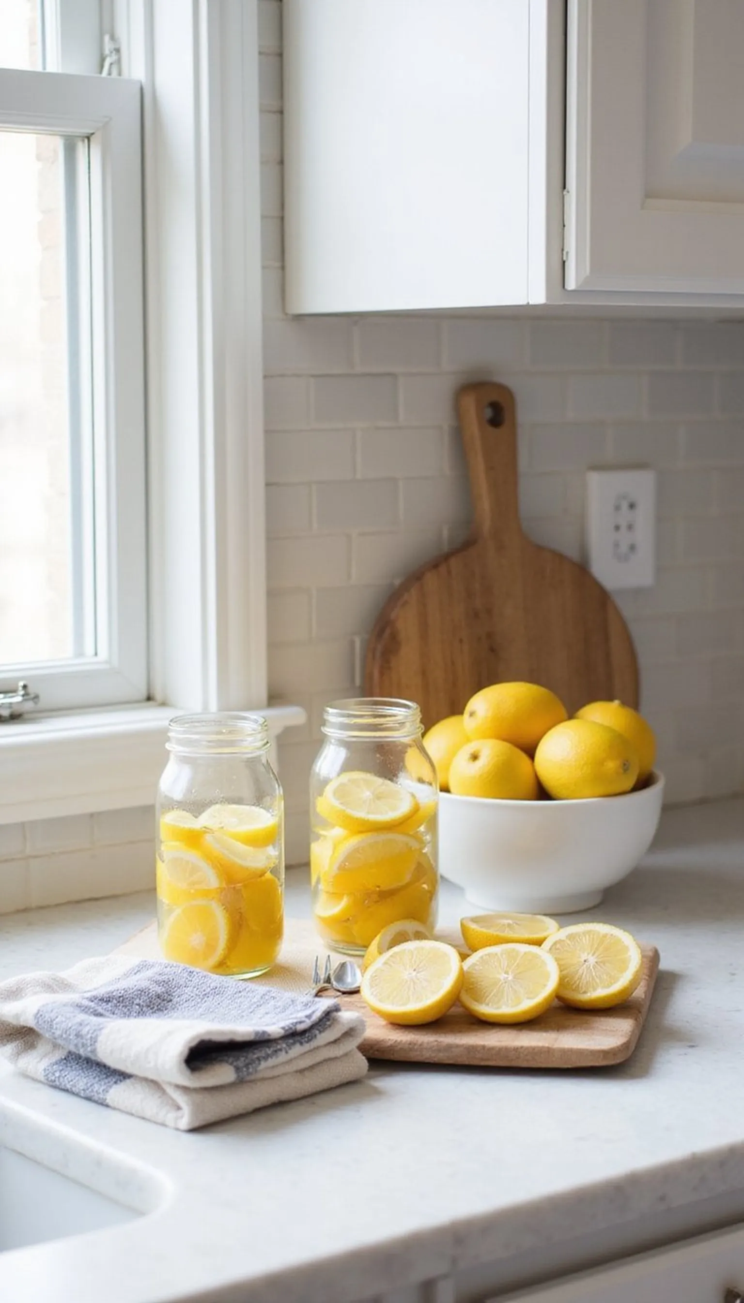 Sunny citrus display with mason jars and wood