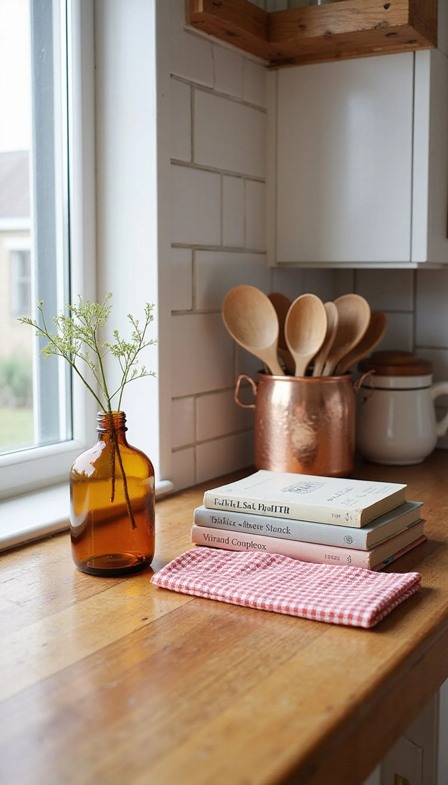 Vintage cookbook and utensil stack for nostalgic summer