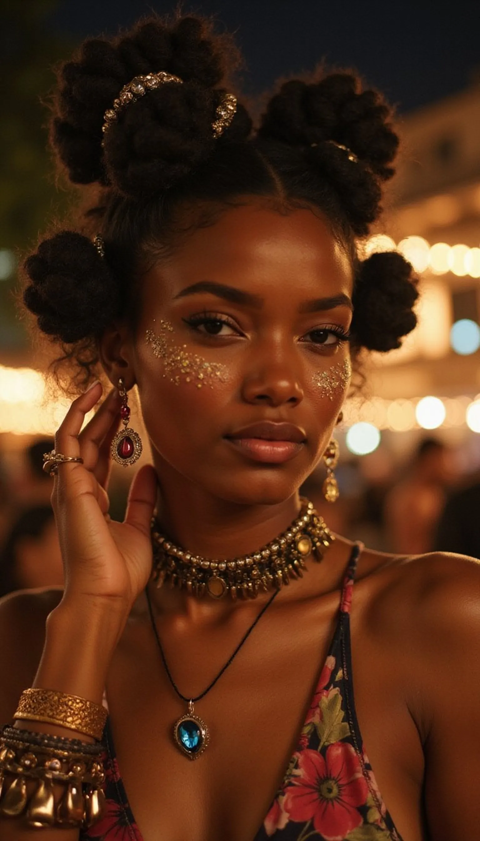 Bantu Knots With Sparkly Hair Rings And Gems