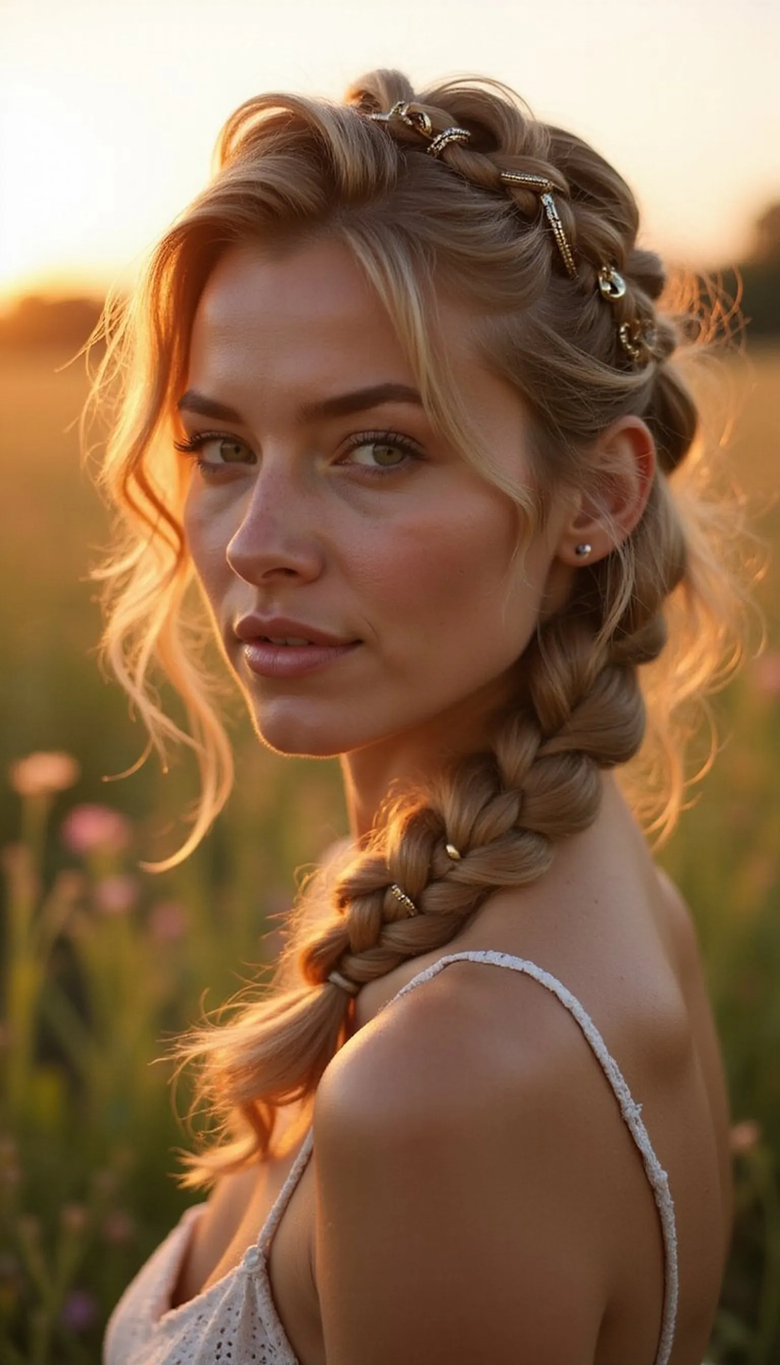 Crown Braid Pinned With Tiny Metallic Rings