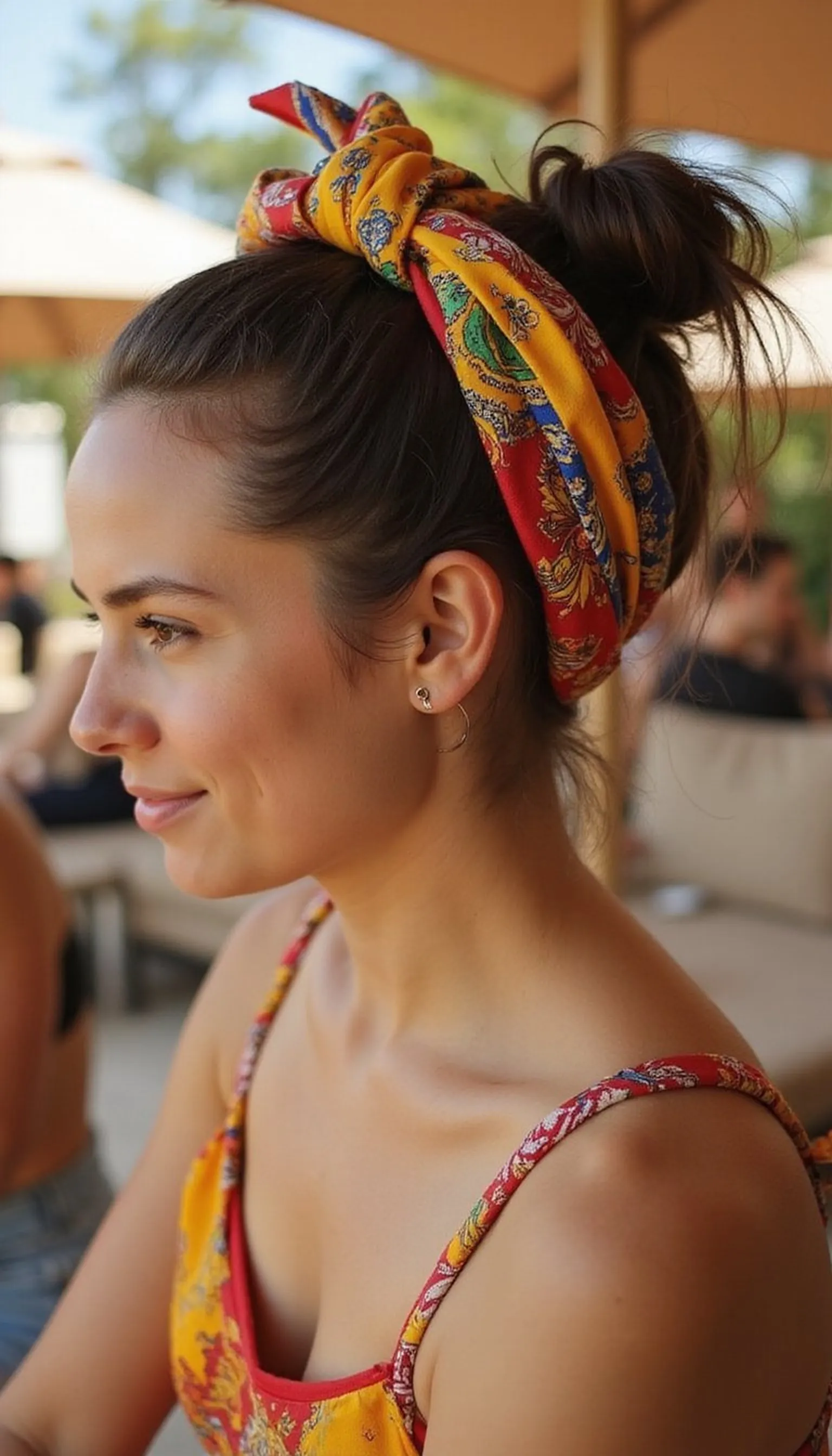 Low Messy Bun Wrapped With Vibrant Scarf