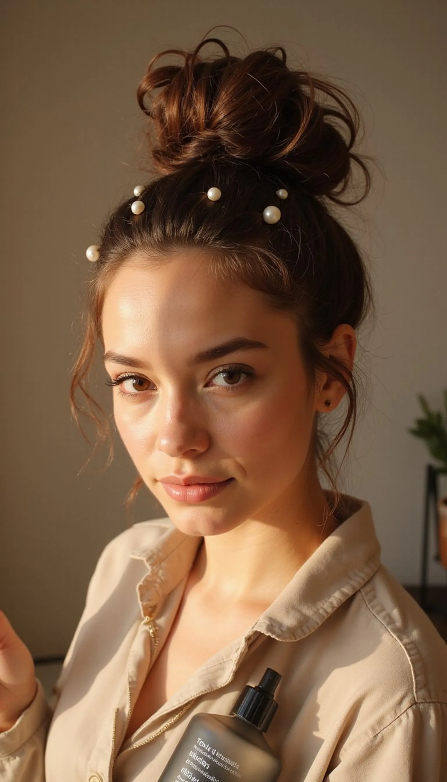 Messy Textured Bun With Pearl Pins
