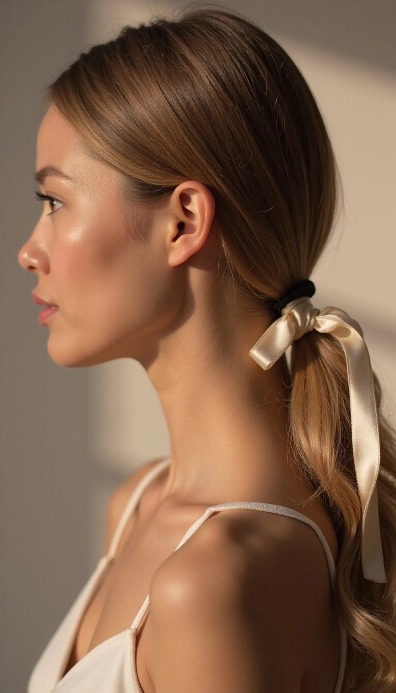 Sleek Low Pony With Satin Ribbon Tie