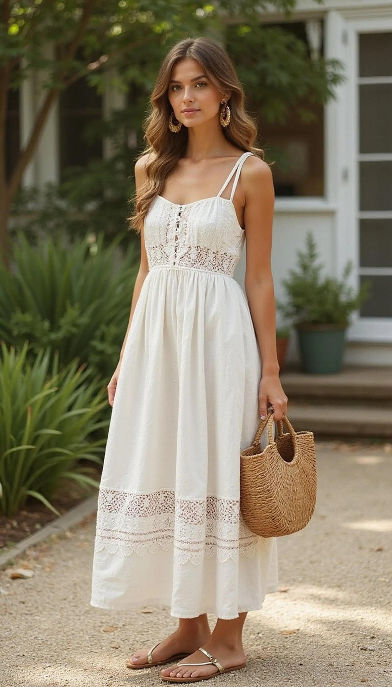 Cotton eyelet dress and flat sandals for casual venues