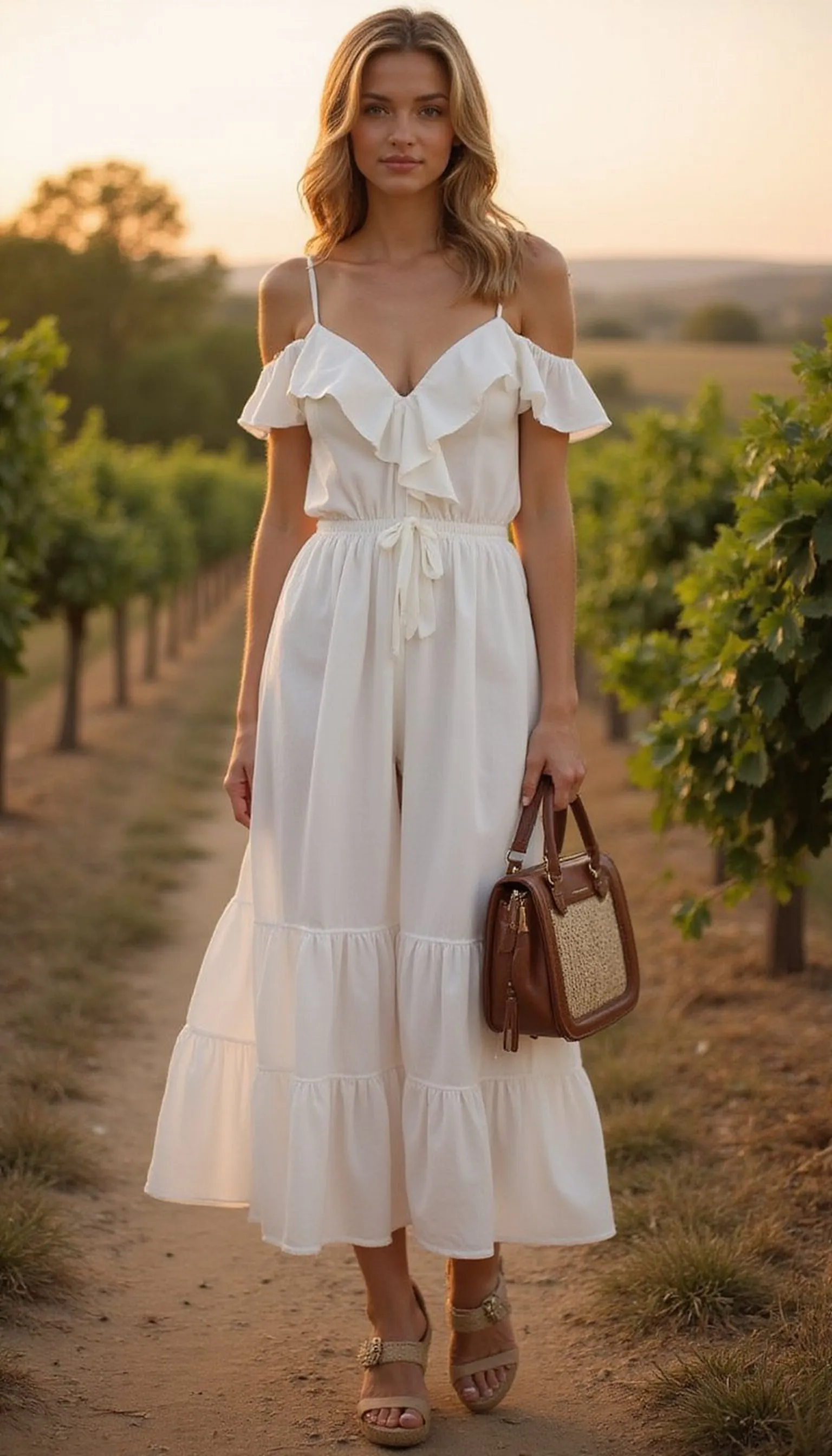 Off-the-shoulder ruffle dress with espadrille wedges