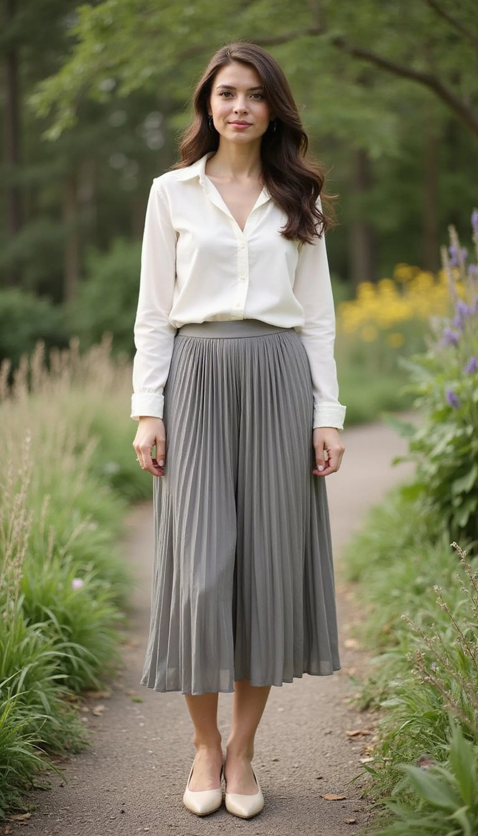 Pleated midi with ballet flats for easy elegance