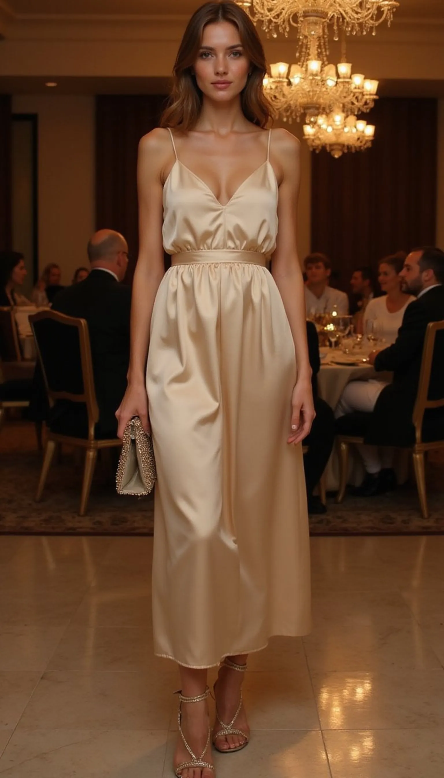 Silk slip dress and strappy heels for evening