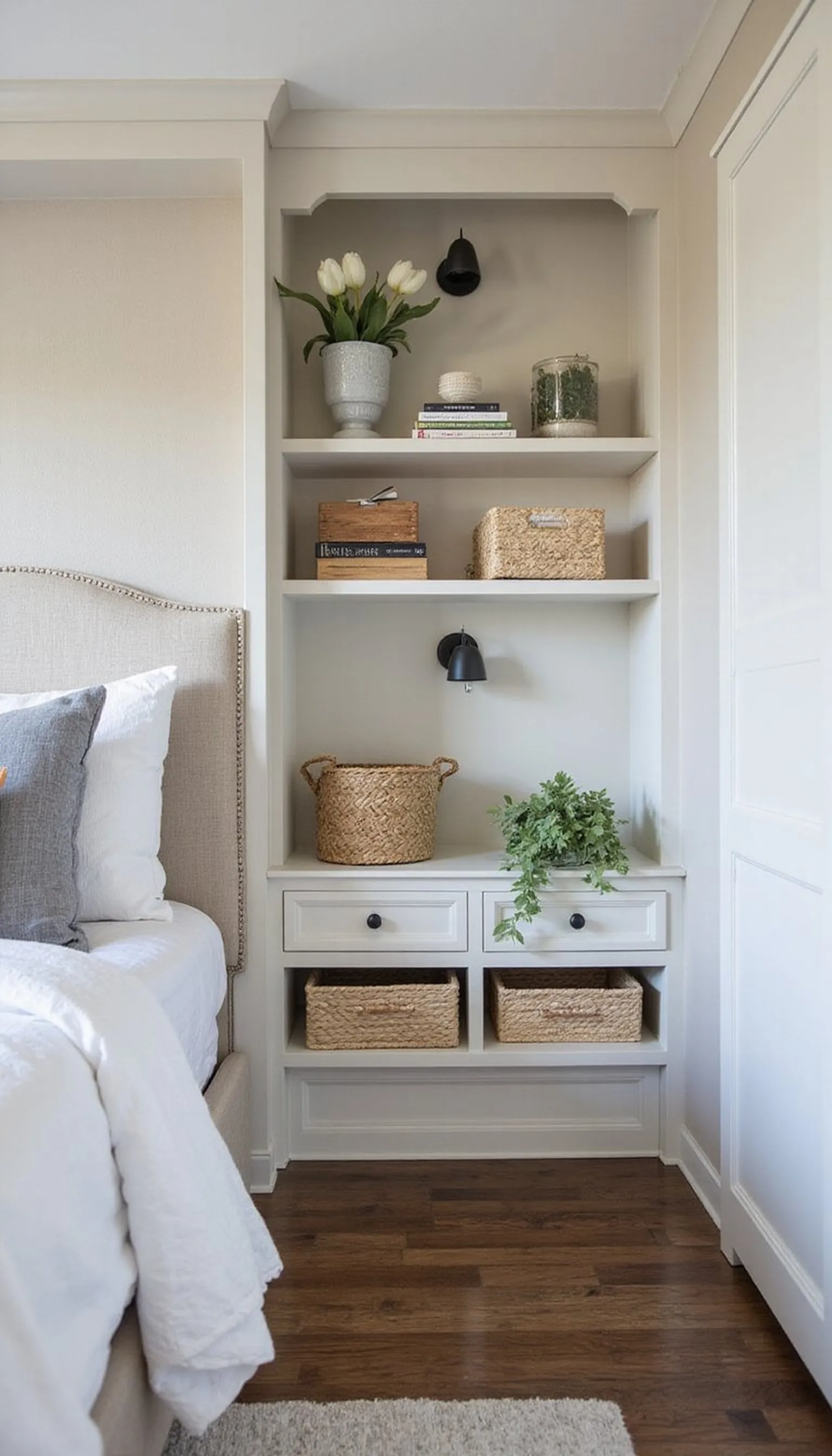Built-in shelving with bedside integration