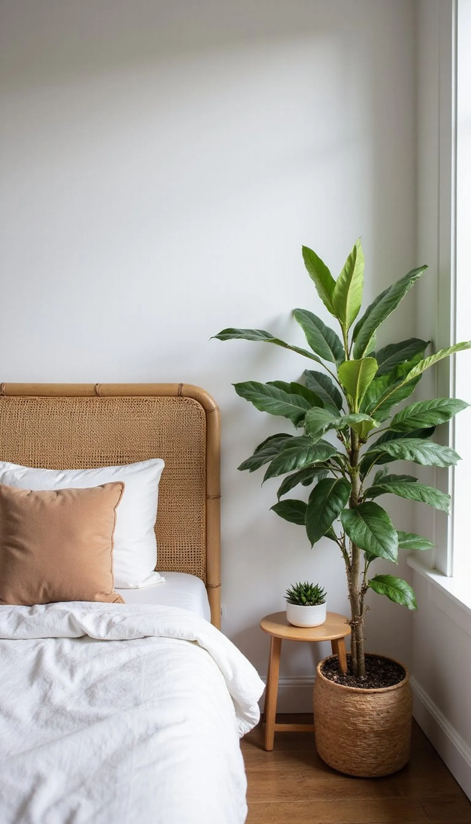 Rattan headboard and plenty of greenery