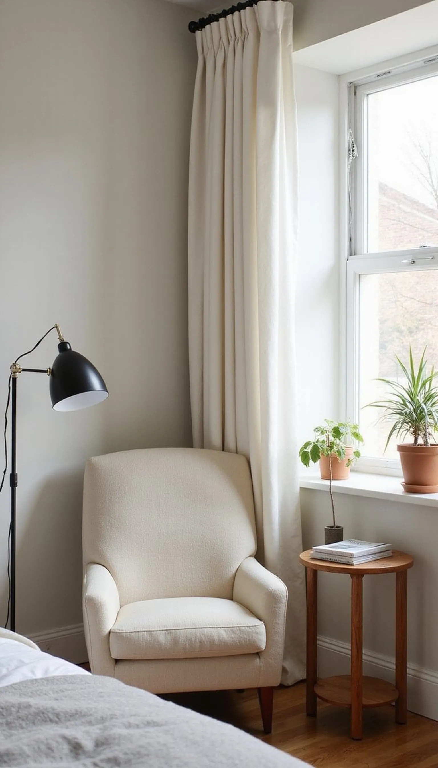 Reading nook with a boucle chair and lamp