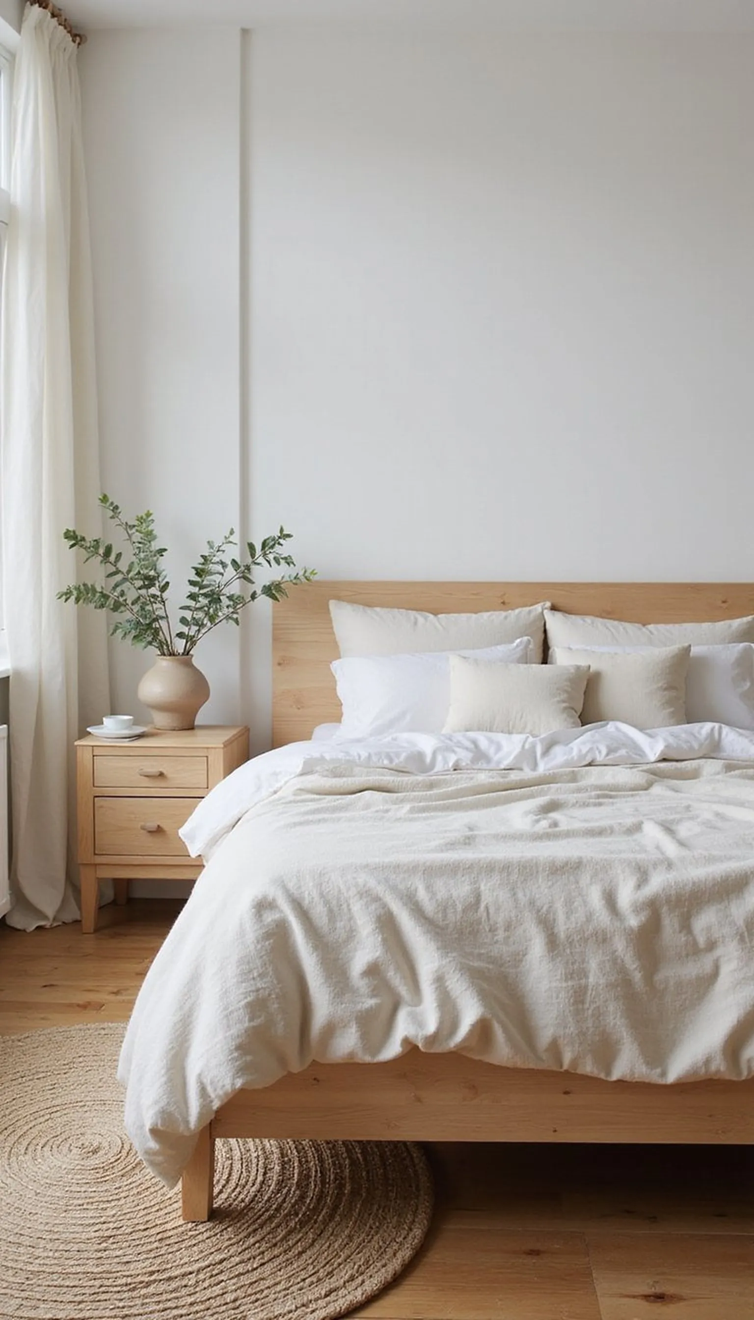 Warm linen bedding and natural wood nightstands