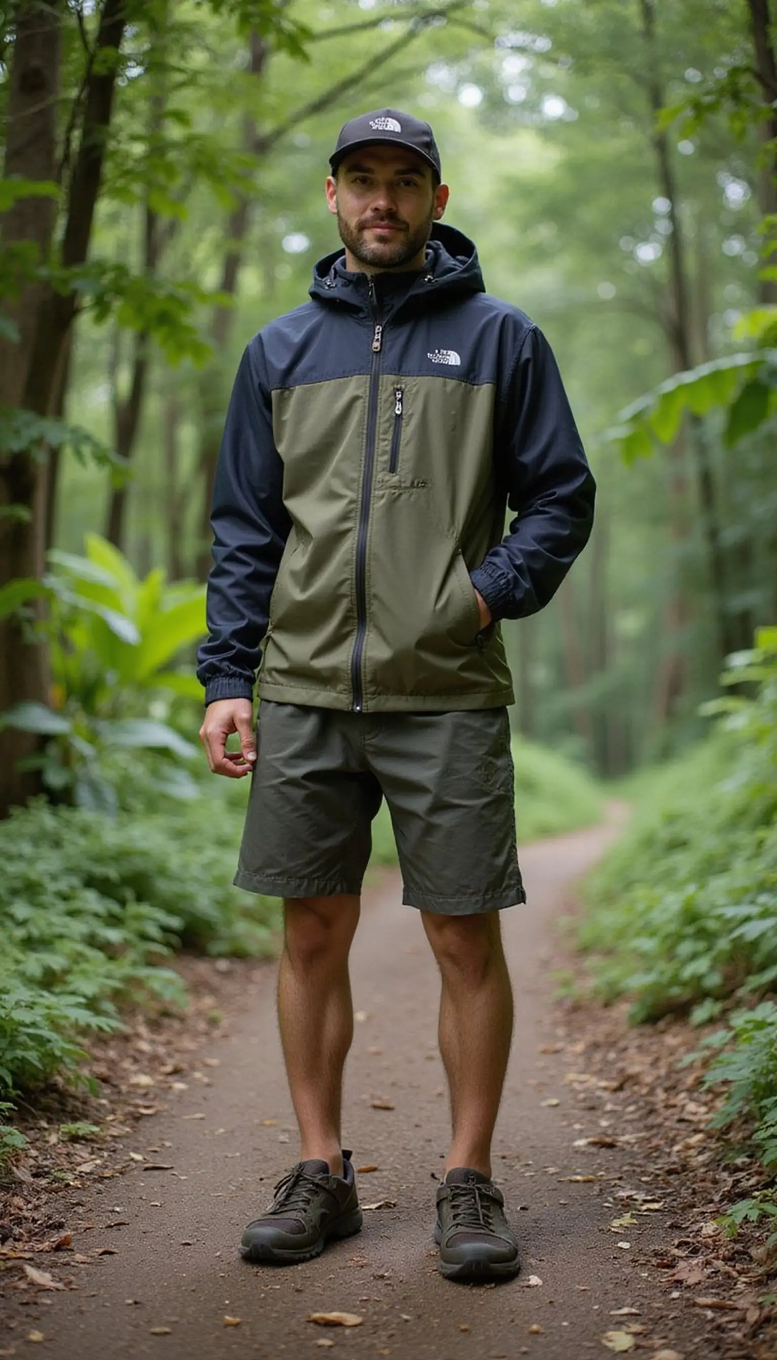 Lightweight rain jacket and shorts for rainforest hikes