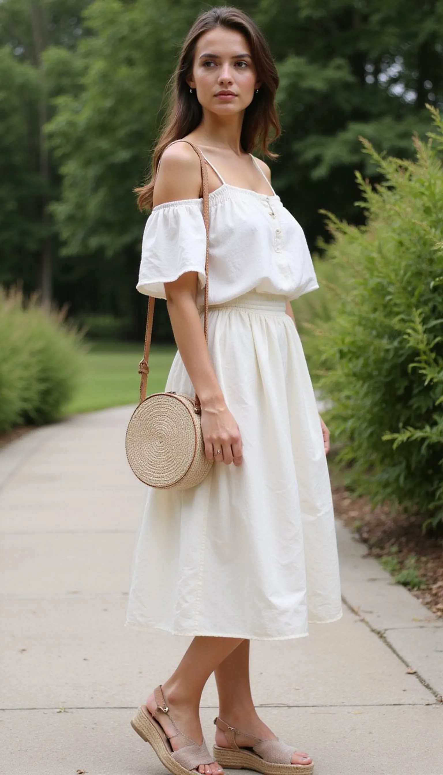Off-shoulder top with midi skirt for garden ceremony