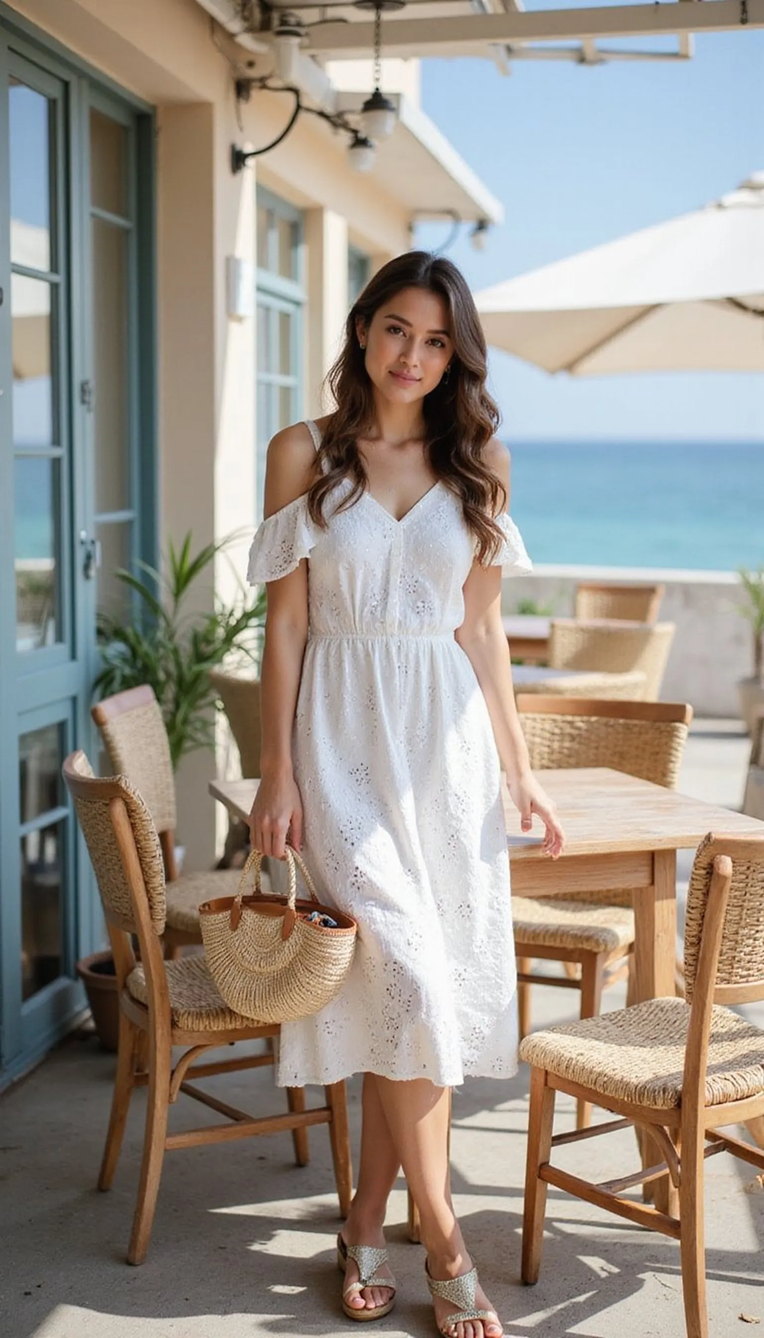 White eyelet dress with wedges for brunch