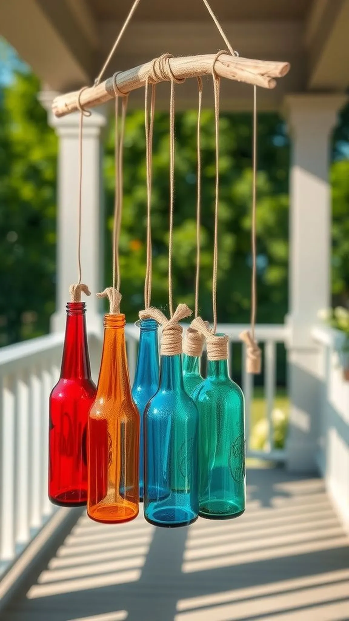 Chiming bottle wind mobile for the porch