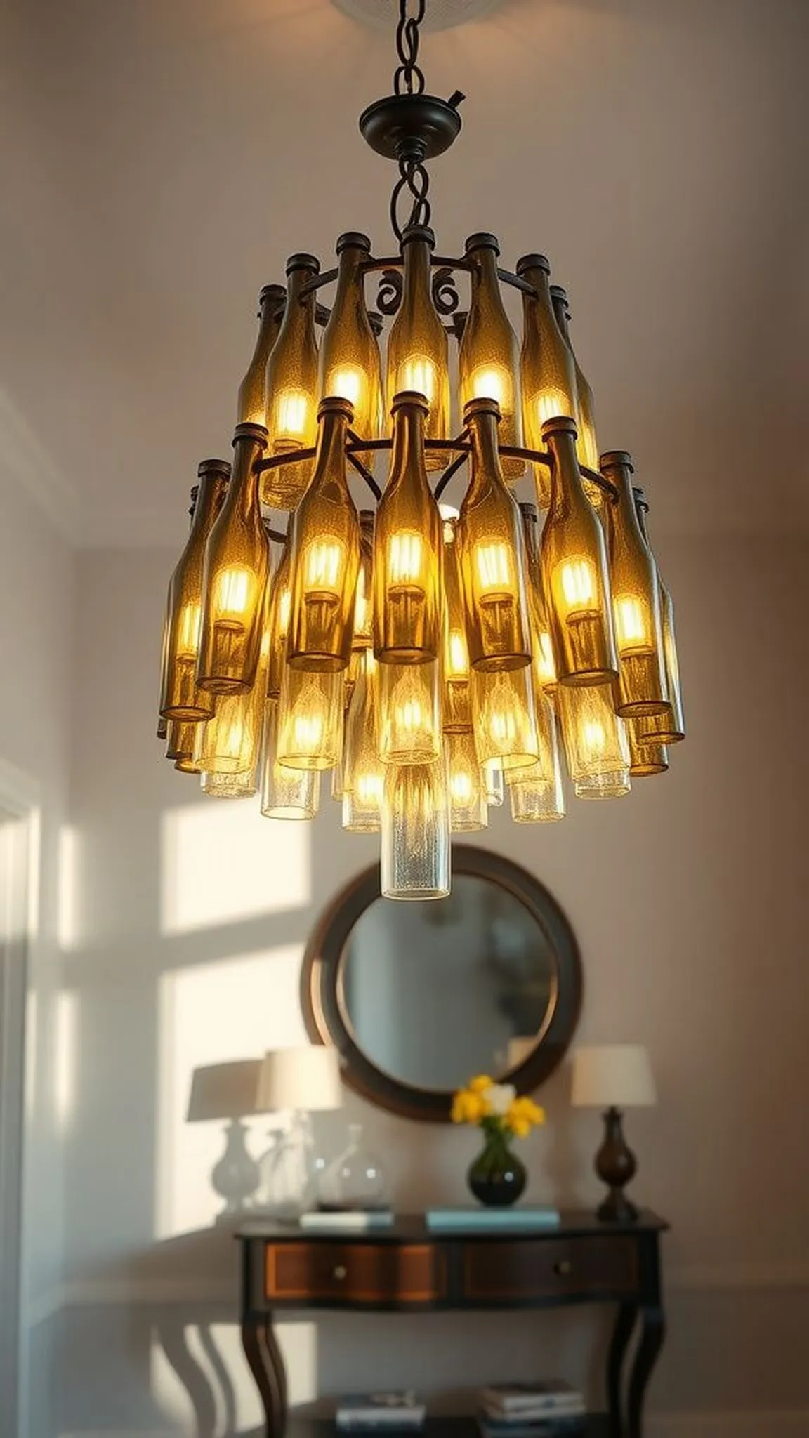 Cluster bottle chandelier for an entryway