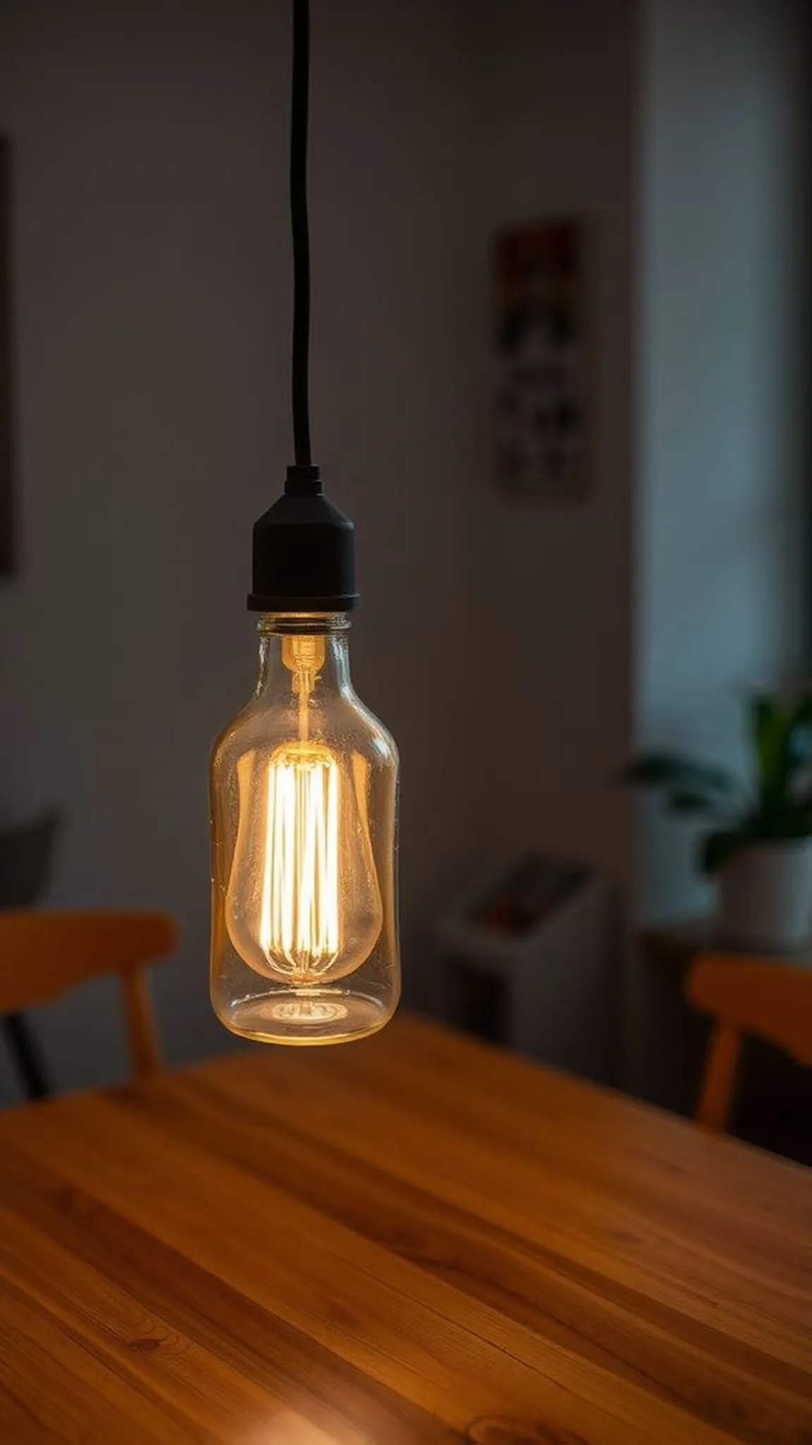 Converted bottle pendant light with warm bulb