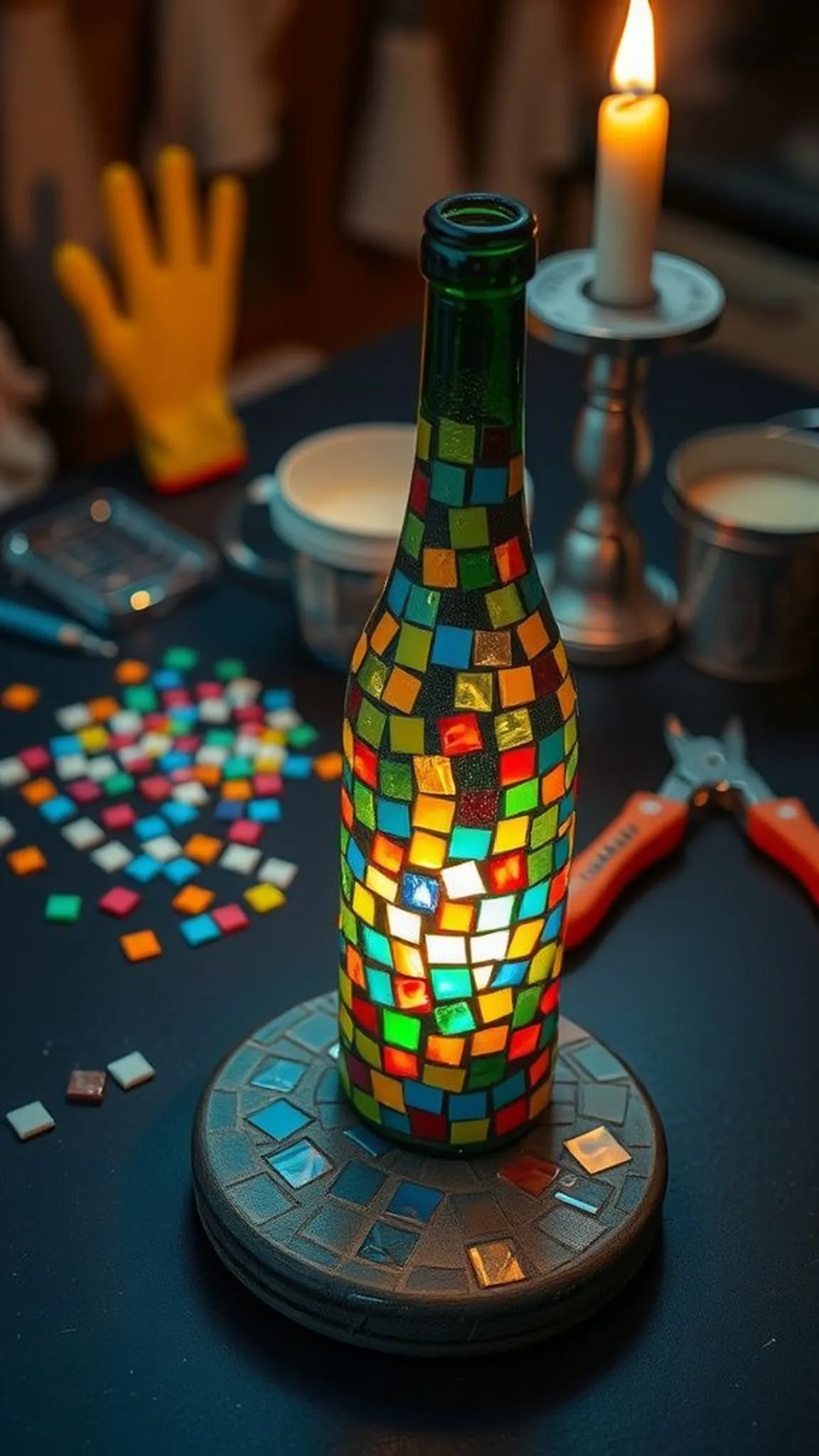 Mosaic glass bottle votives with colorful shards