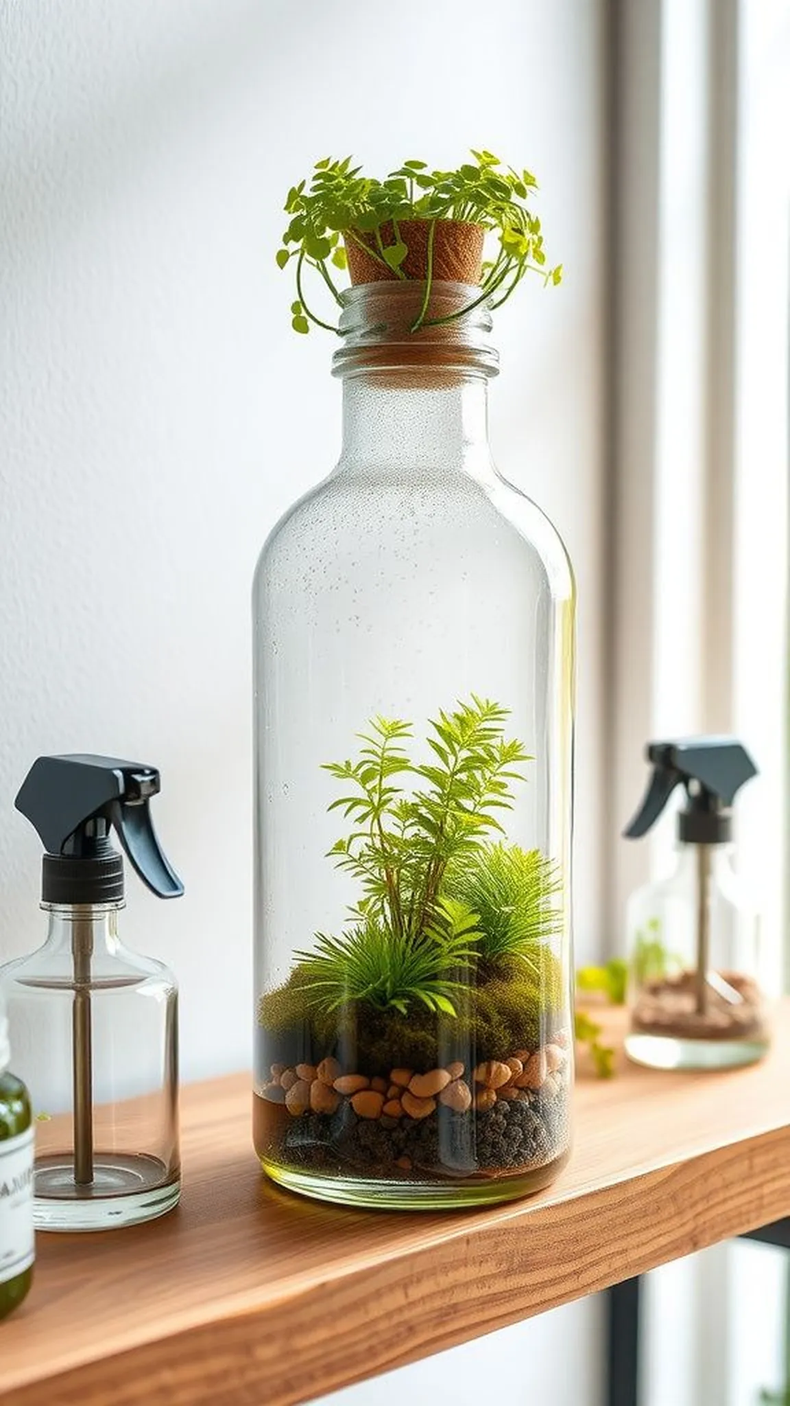 Sealed bottle terrarium with tiny ecosystem