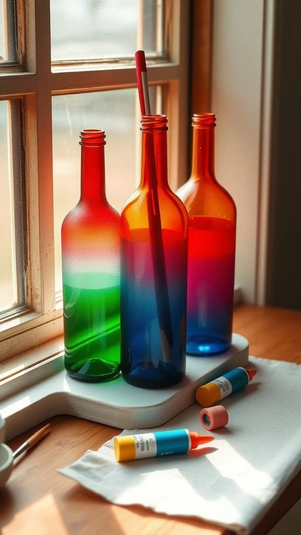 Soft ombré painted bottle vases for shelves