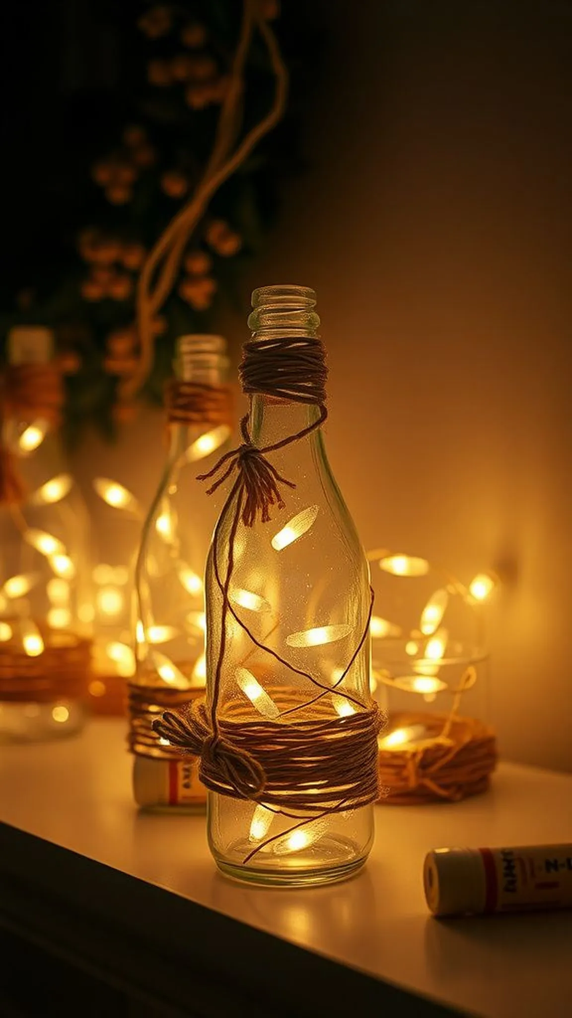 Twine-wrapped bottle luminaries with fairy lights