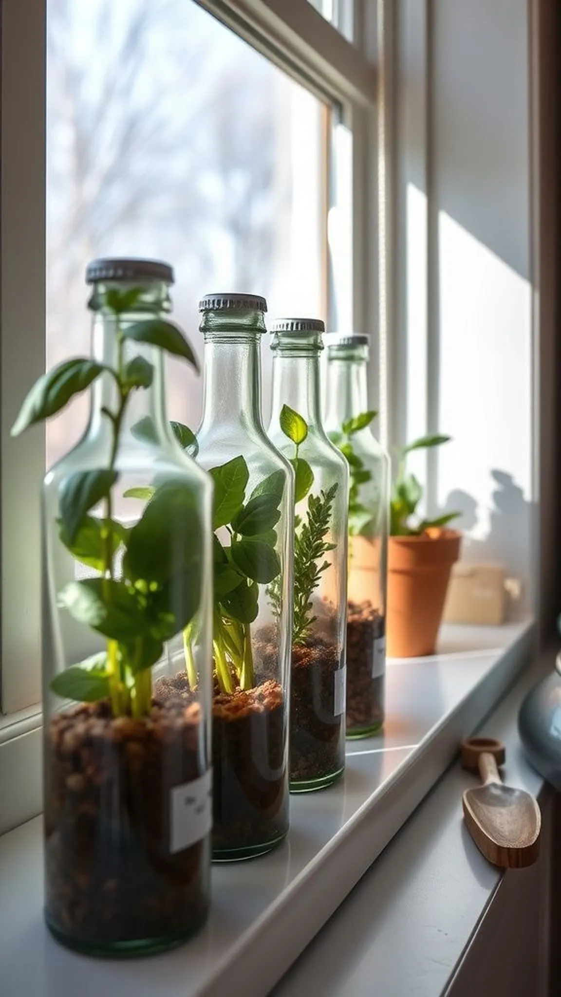 Windowsill herb planters made from necks of bottles
