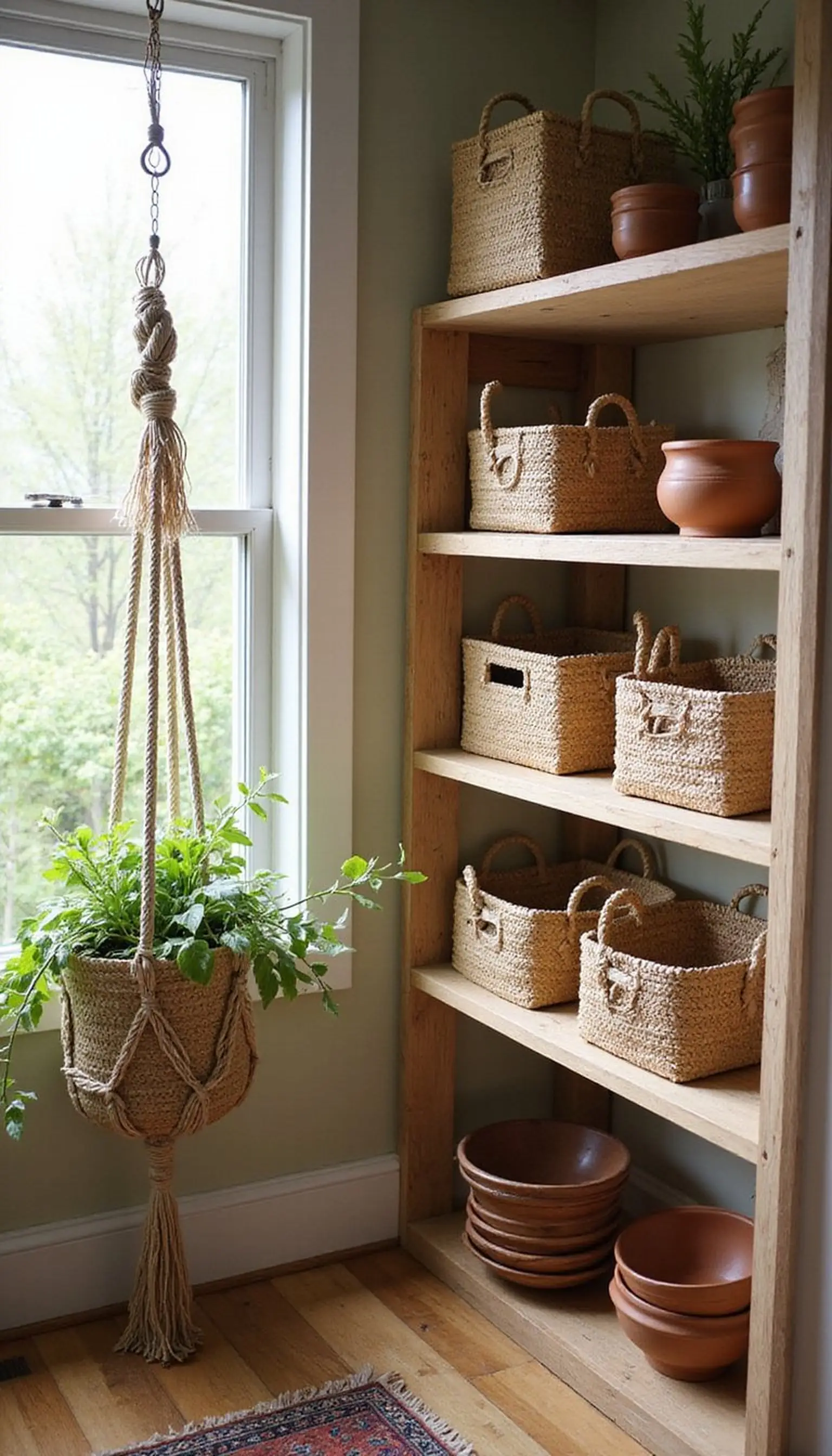 Boho kitchenette with woven textures and plants