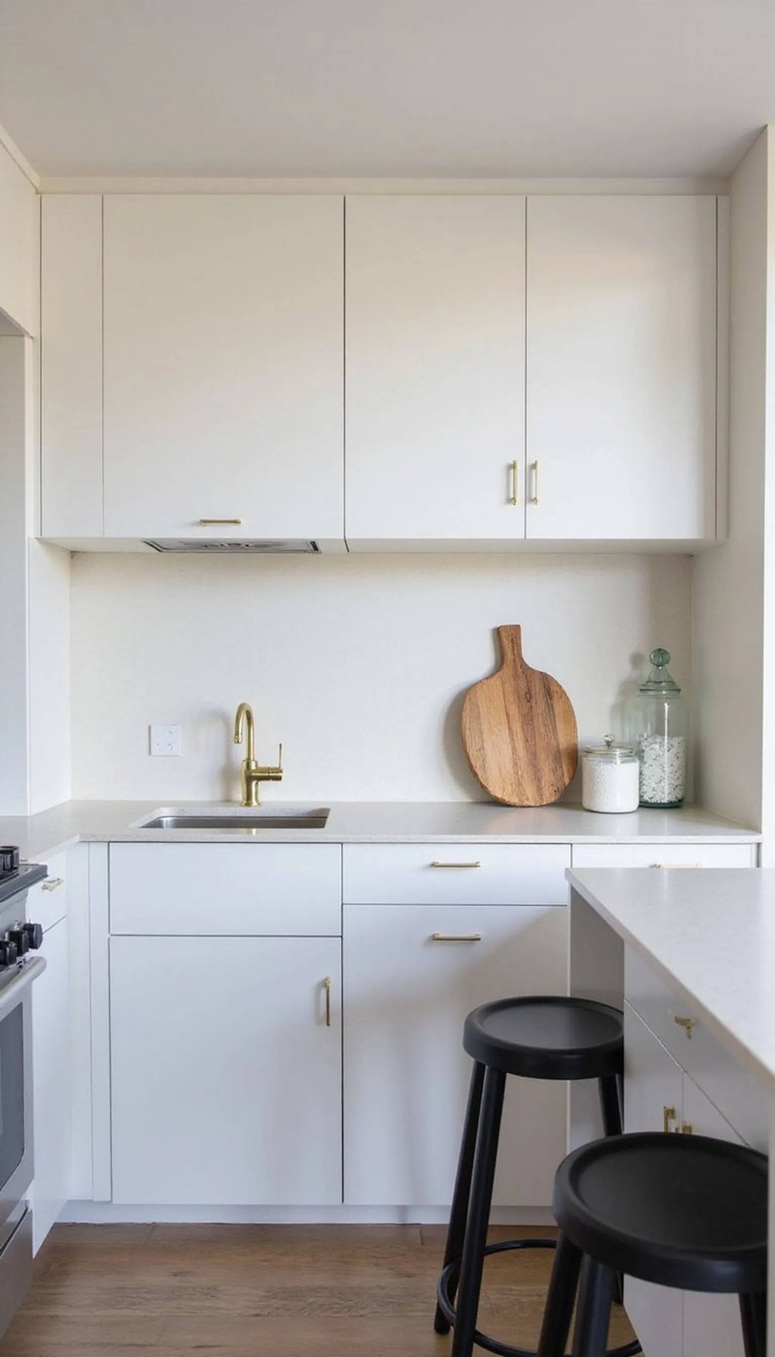 Minimal modern rental kitchen, calm and clean