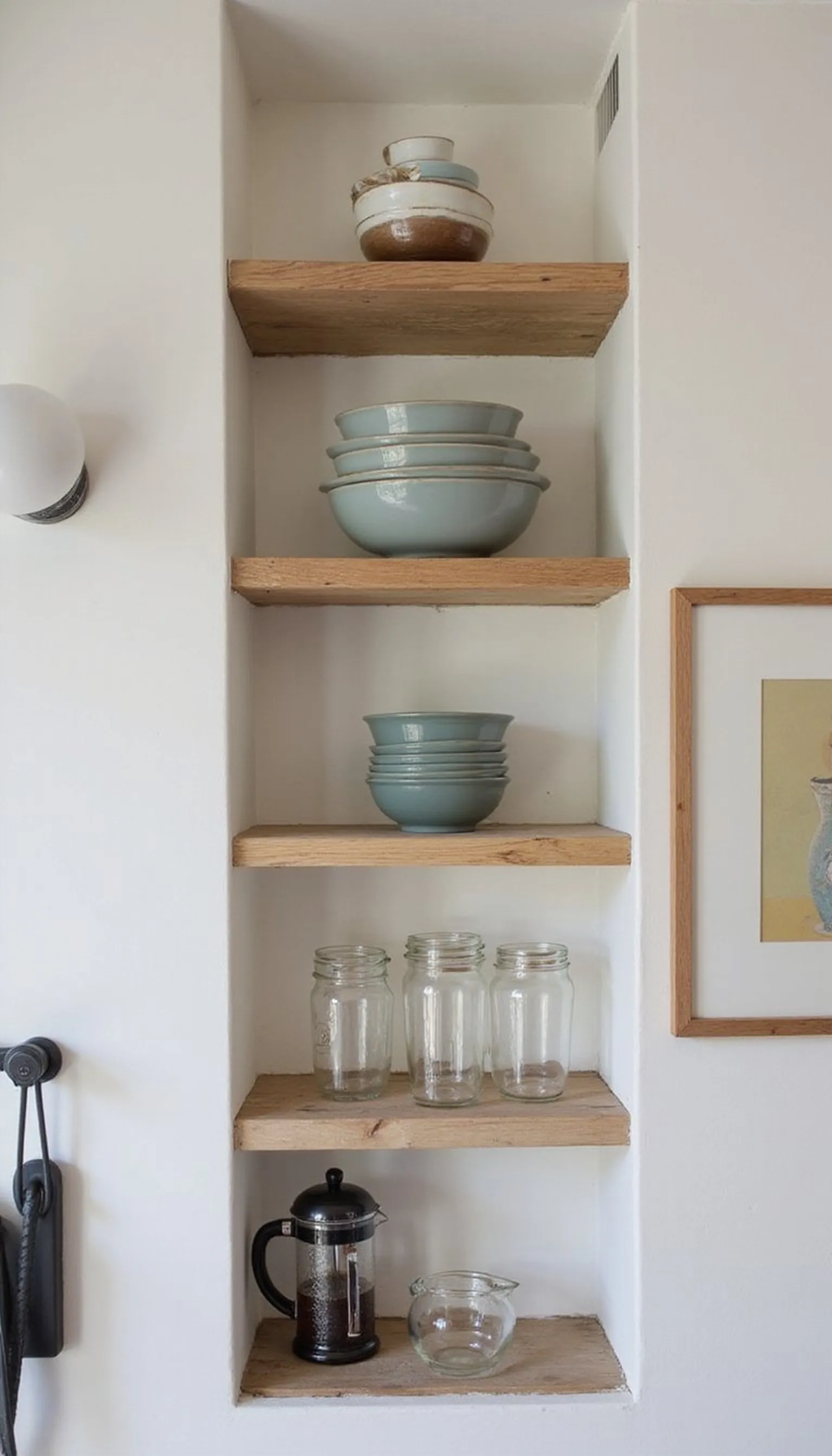 Open shelving styled for rental friendly use