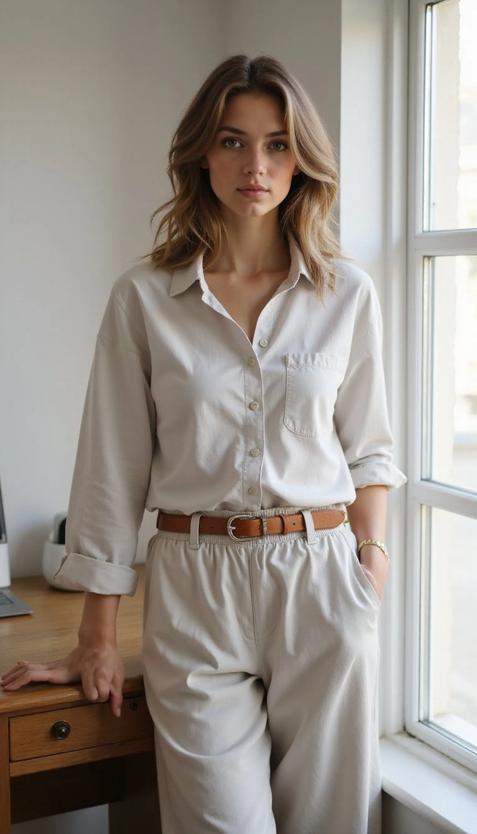 Button-down shirt with soft lounge trousers