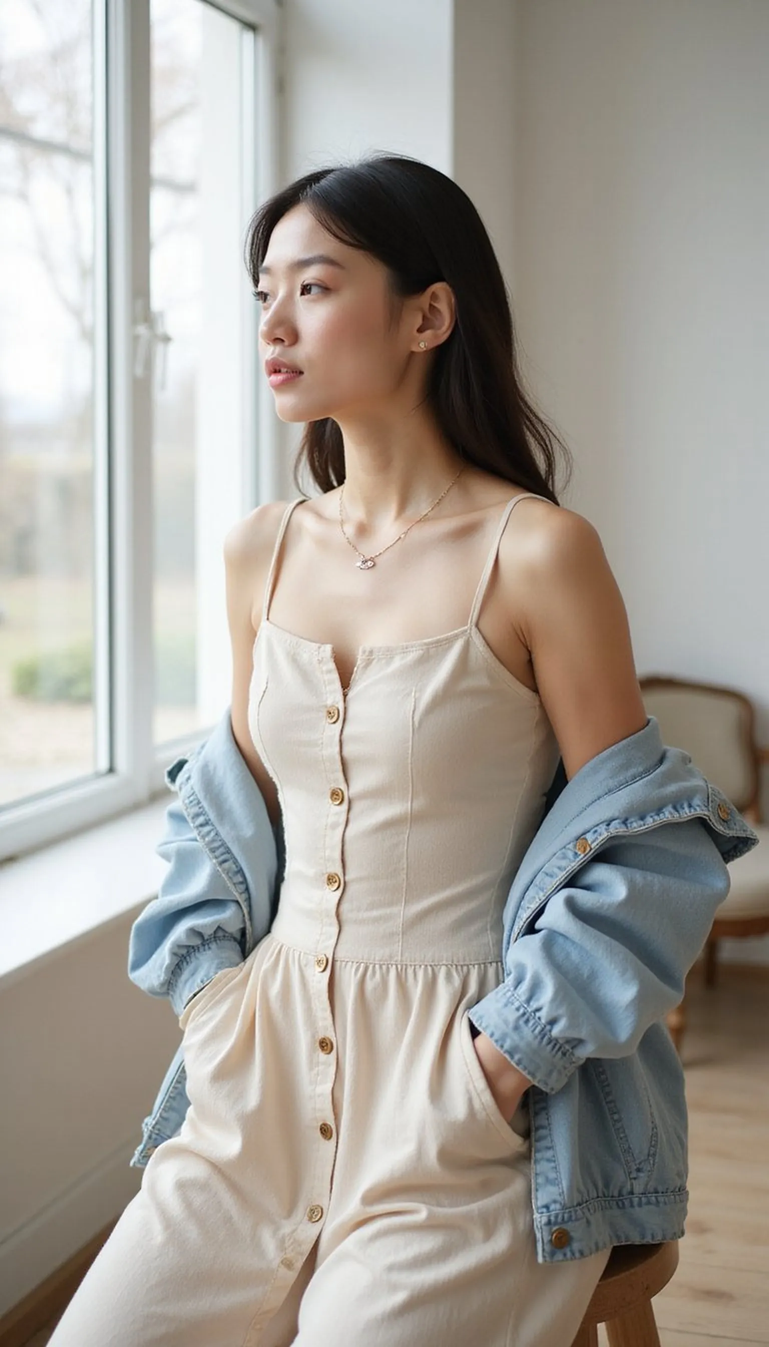 Casual button front dress with denim jacket